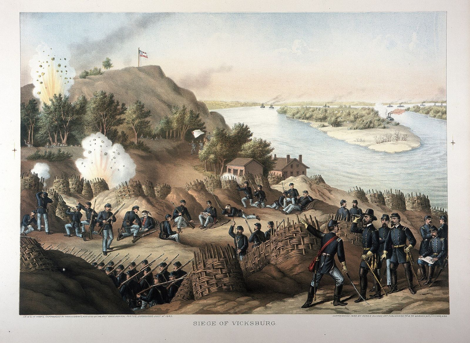 Litografia colorida do cerco de Vicksburg, com as trincheiras da União, a artilharia e os navios no rio Mississippi