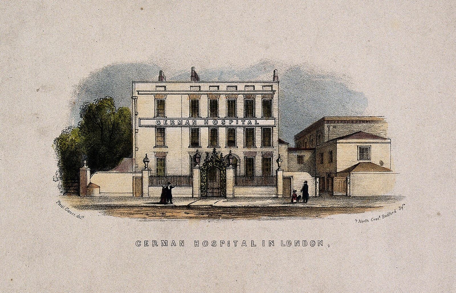 Litografia colorida do Hospital Alemão de Dalston, em Londres, vista da rua