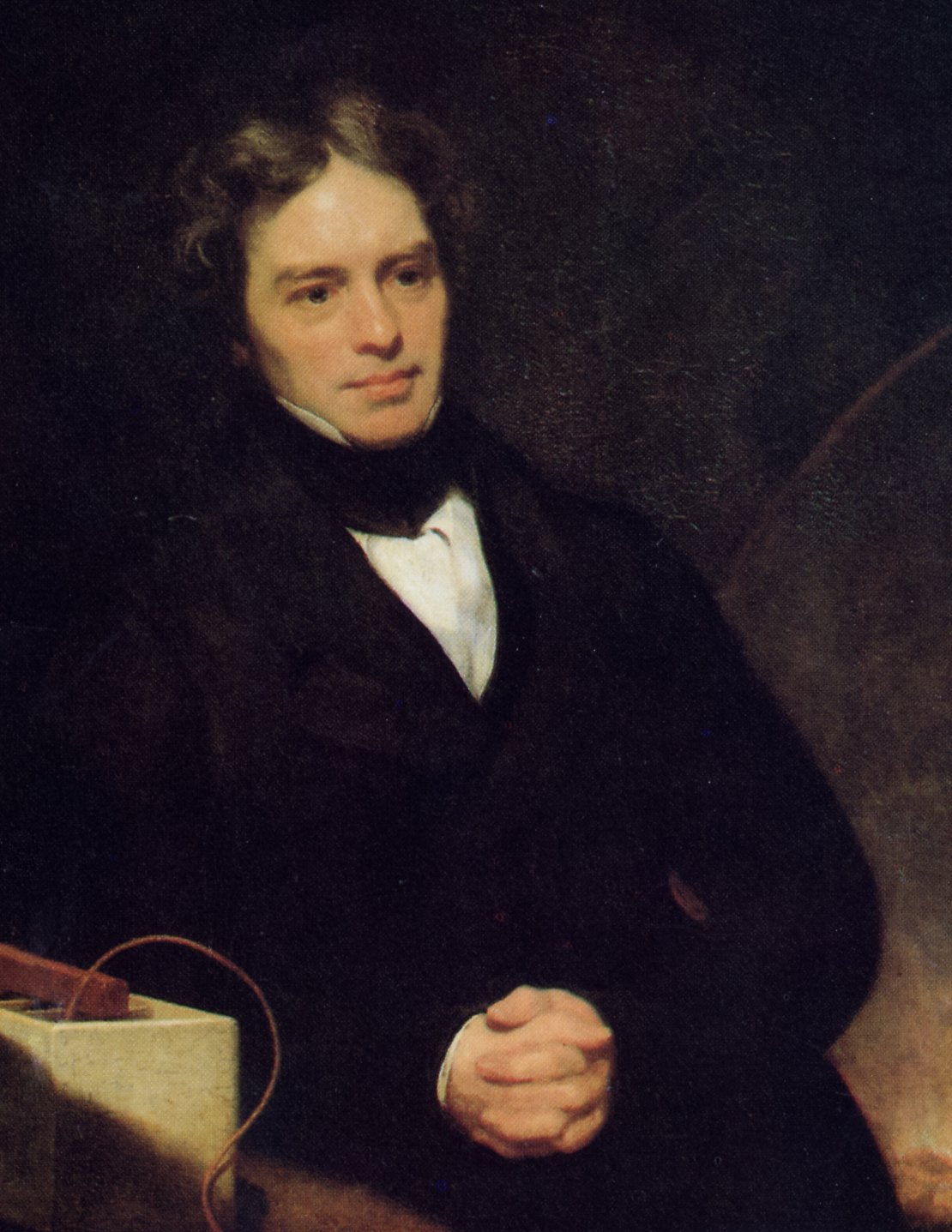 Retrato a óleo de Michael Faraday, de meia-idade, em traje escuro
