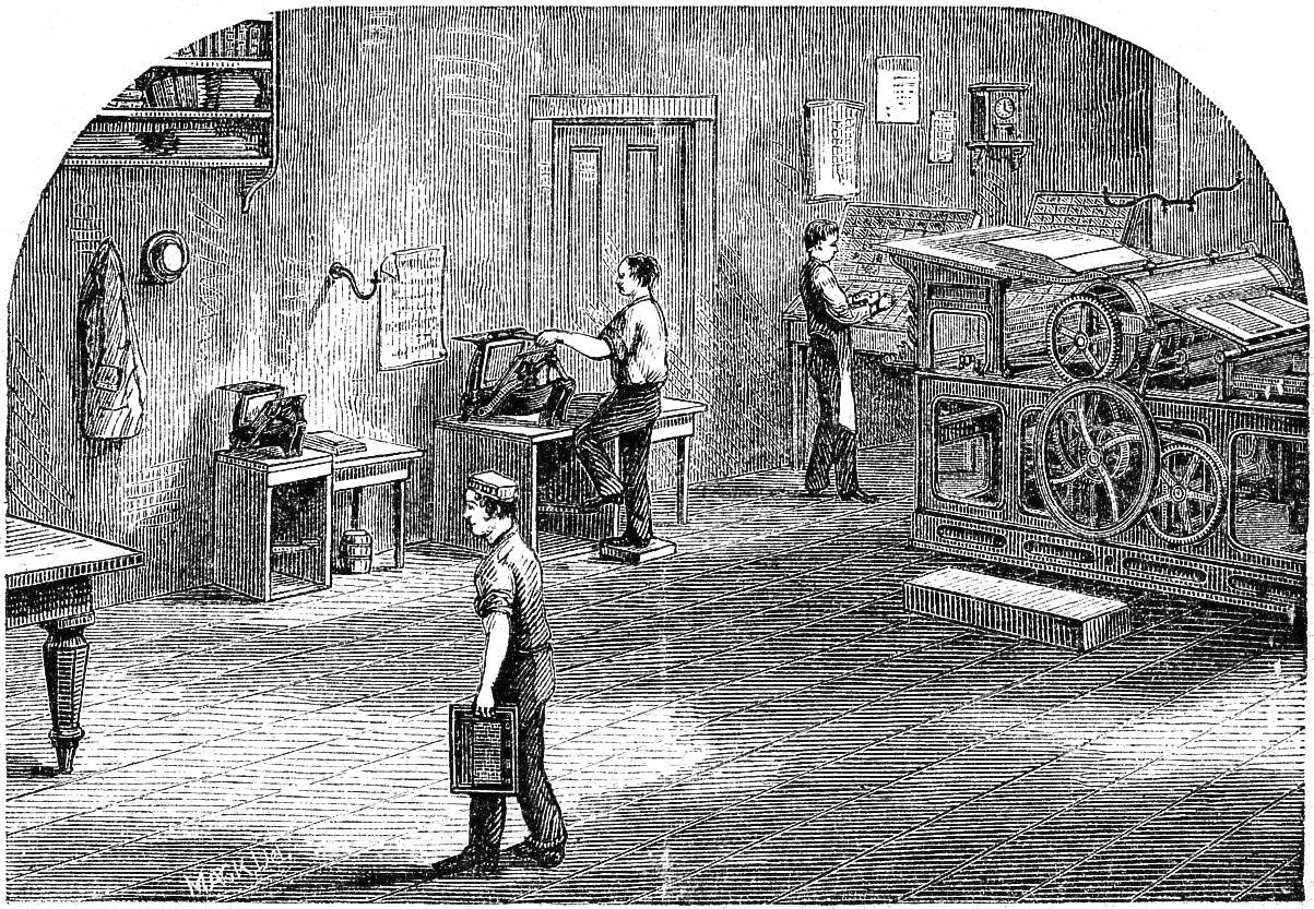 Gravura de uma tipografia do século XIX, com uma grande prensa rotativa e duas prensas pequenas