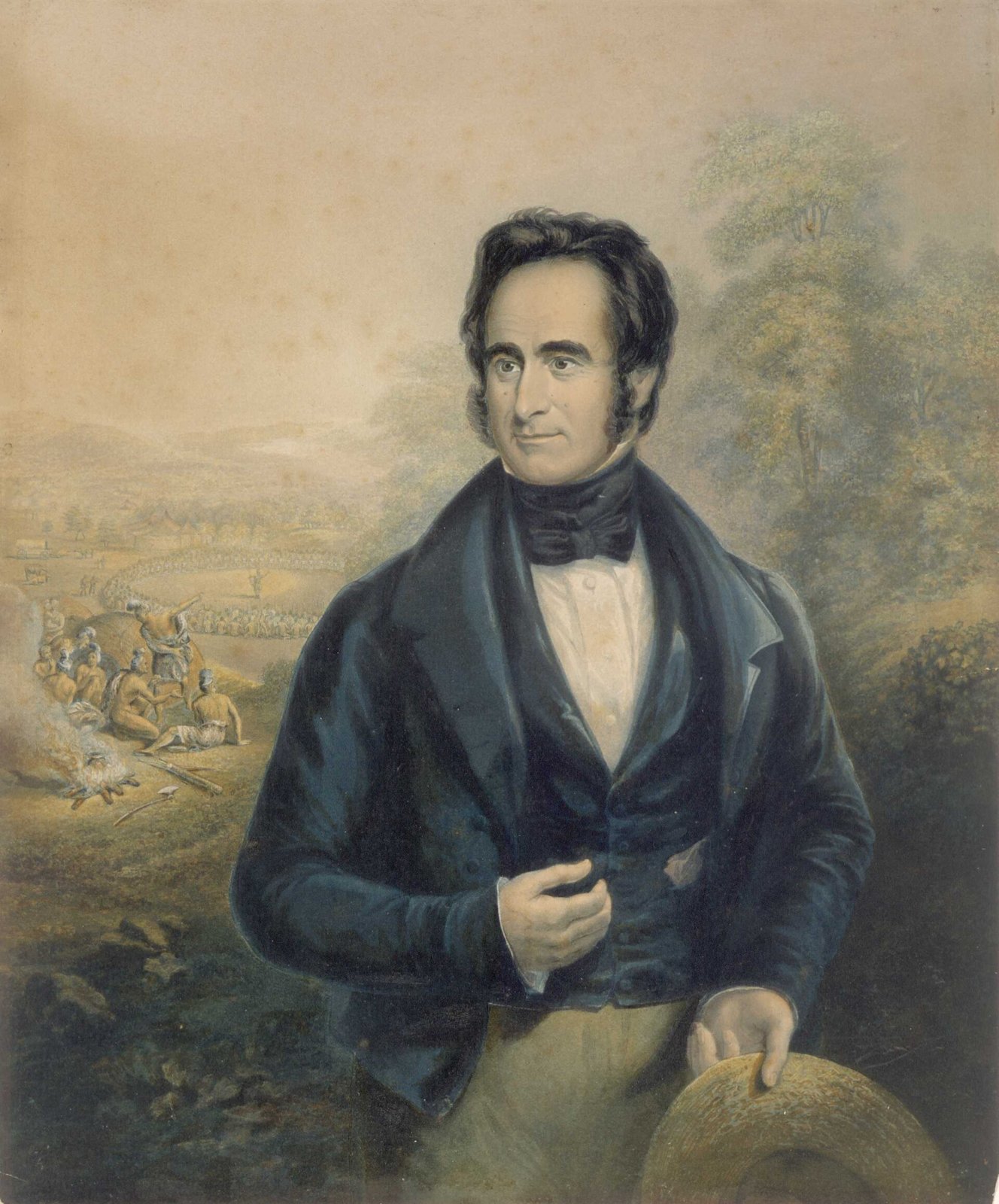 Retrato colorido do missionário Robert Moffat, de casaca azul e chapéu de palha na mão, com uma cena de pregação na África ao fundo