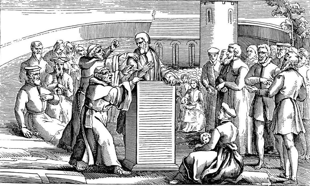 Xilogravura do século XVI mostrando frades puxando Thomas Bilney de um púlpito ao ar livre, diante de uma multidão