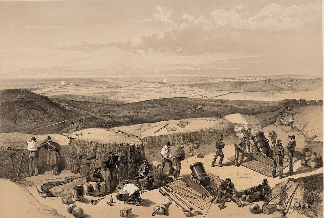 Litografia de soldados britânicos numa bateria de morteiros nas trincheiras diante de Sebastopol, em 1855