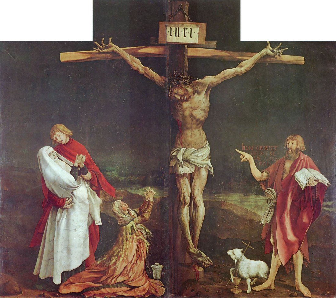 Painel da crucificação do Retábulo de Isenheim: Cristo na cruz; à esquerda, Maria amparada por João e Maria Madalena ajoelhada; à direita, João Batista aponta para ele, com o cordeiro aos seus pés