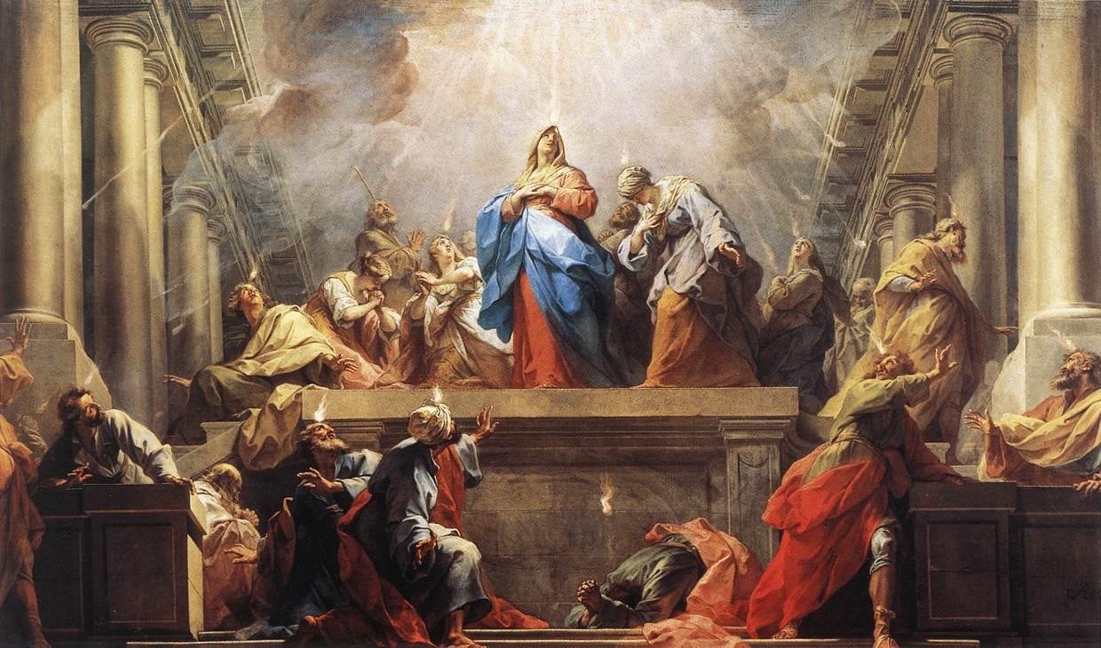 Pintura barroca de Pentecostes: os discípulos e Maria reunidos num salão de colunas, com línguas de fogo e raios de luz descendo sobre eles
