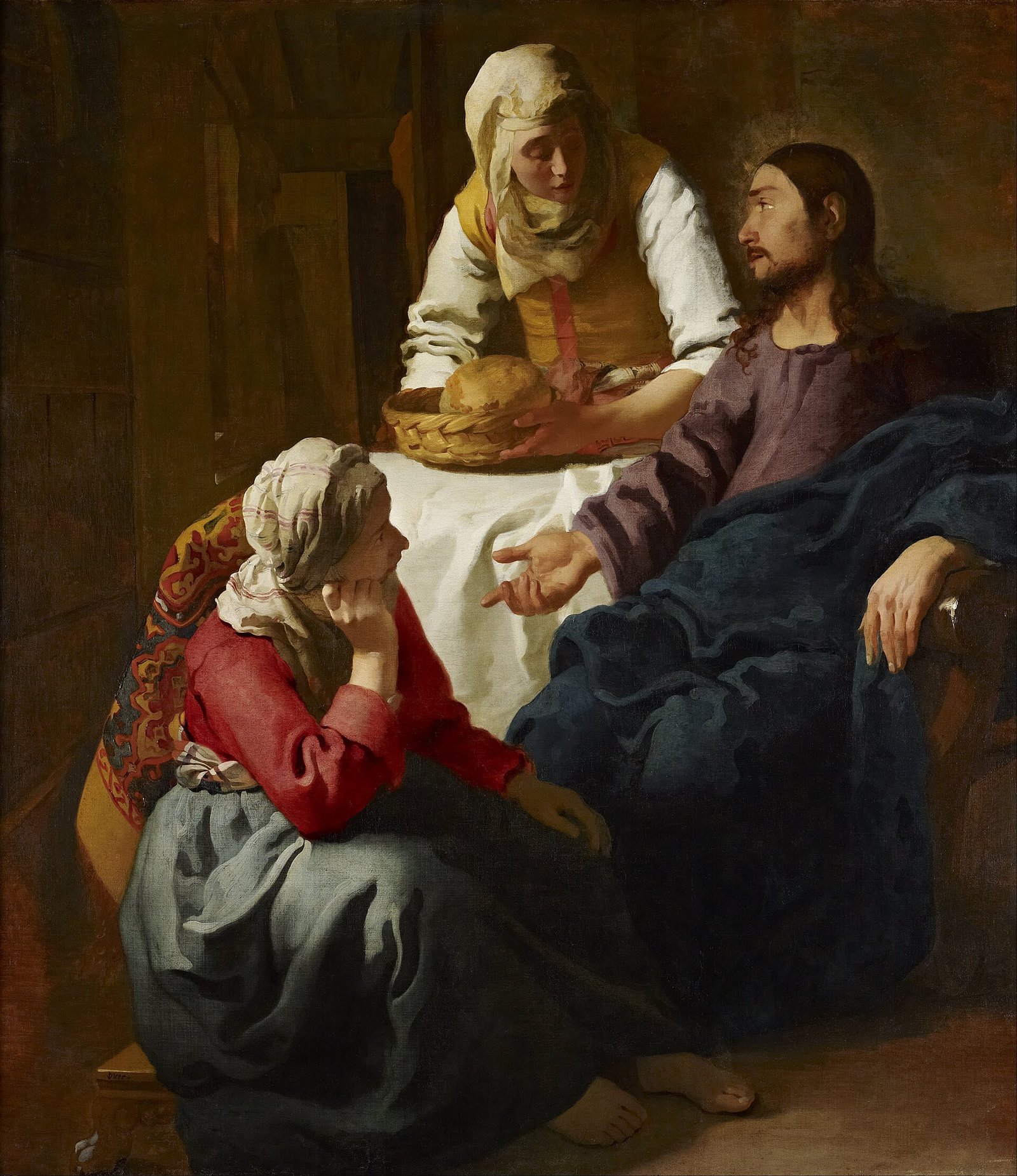 Jesus conversa com Marta e Maria; Maria está sentada aos Seus pés, ouvindo