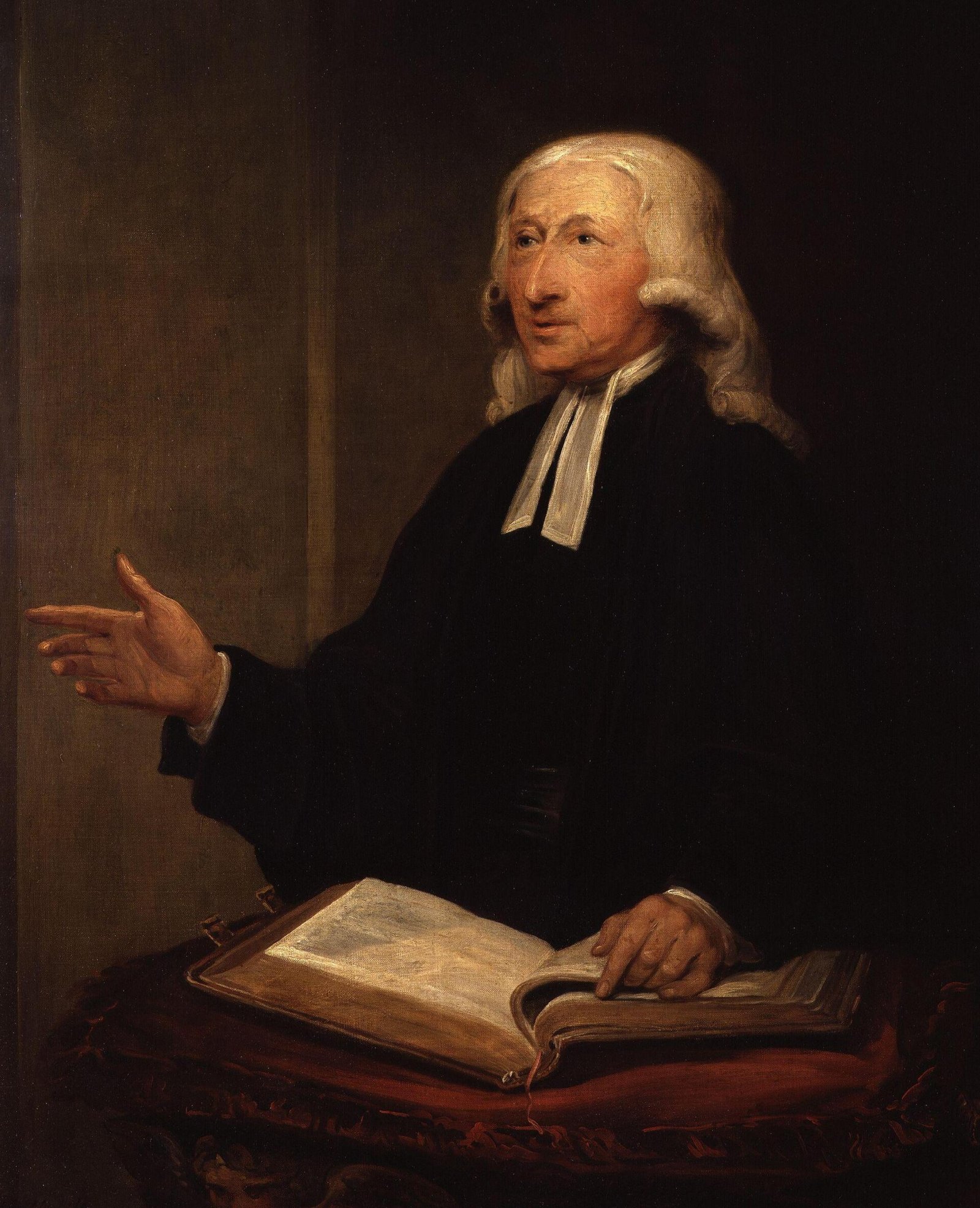 Retrato de John Wesley em idade avançada, de cabelo branco e vestes clericais