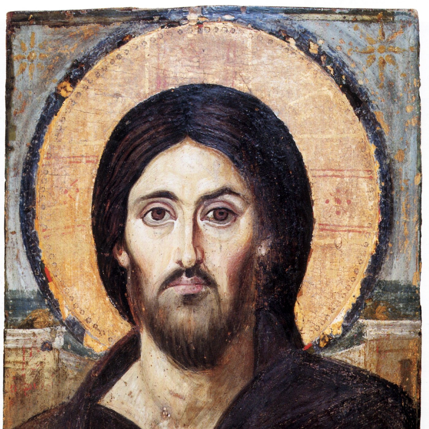 Ícone de Cristo com o rosto sereno e o nimbo dourado, pintado no século VI