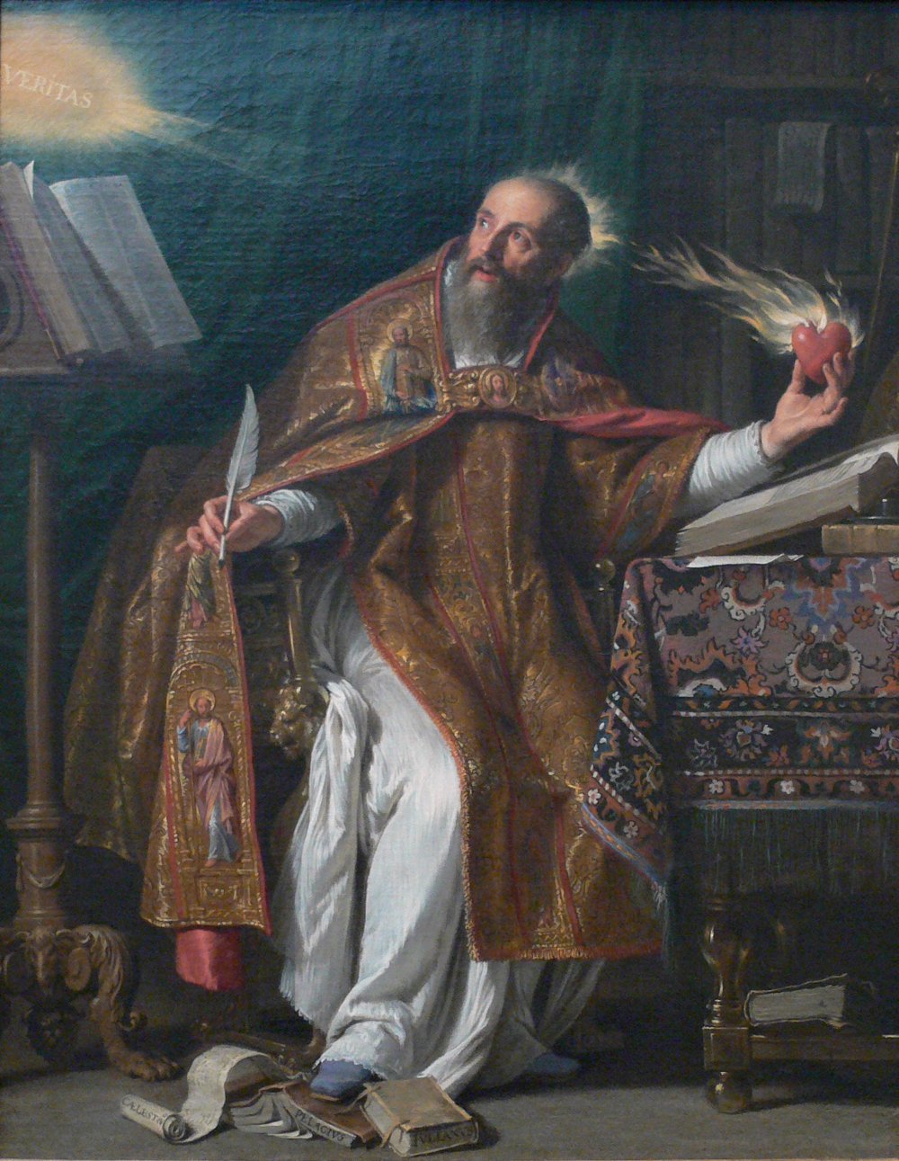 Retrato de Santo Agostinho, bispo de Hipona, de mitra e báculo, com um livro nas mãos