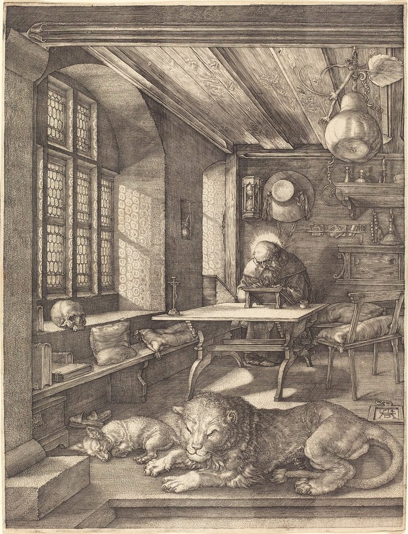Gravura de Dürer: São Jerônimo escrevendo em seu escritório, com a Bíblia aberta, um crânio sobre a mesa e o leão adormecido no chão
