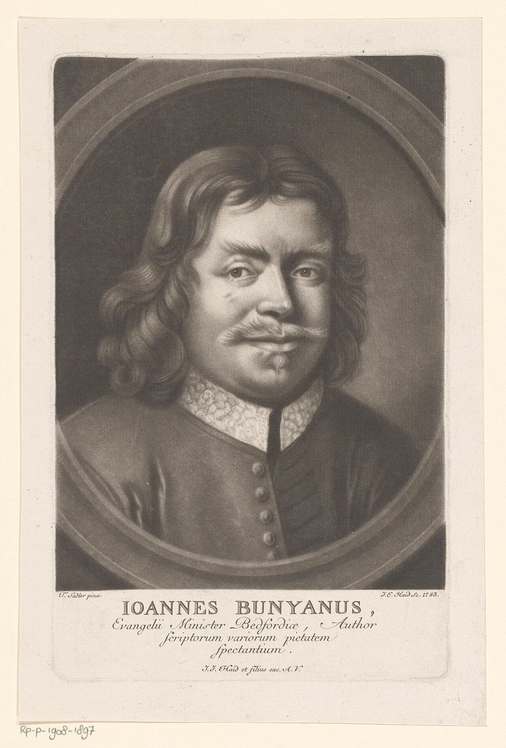 Gravura em preto e branco com o retrato de John Bunyan, de busto, em moldura oval