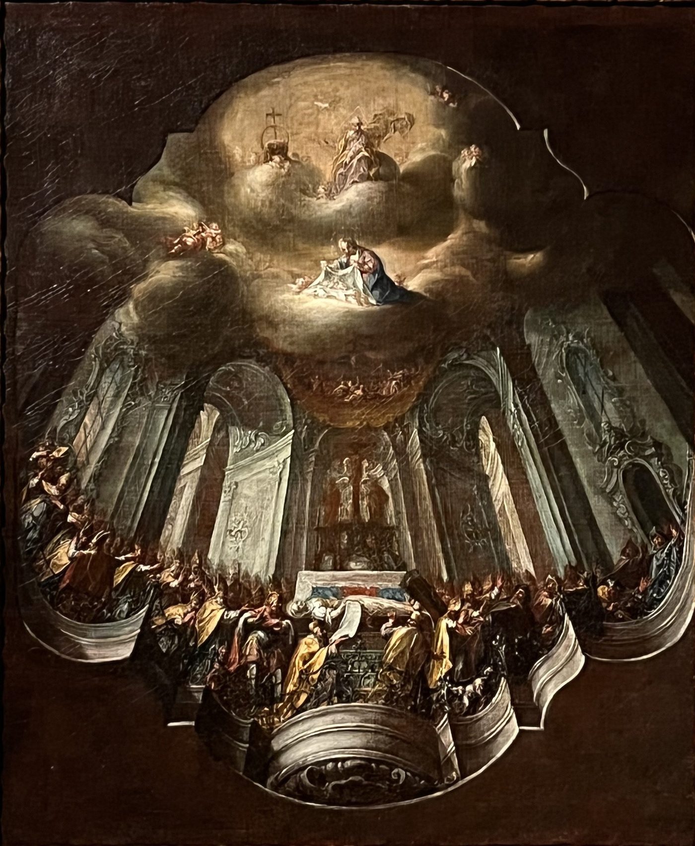Pintura do Concílio de Calcedônia, com bispos reunidos em assembleia diante do imperador