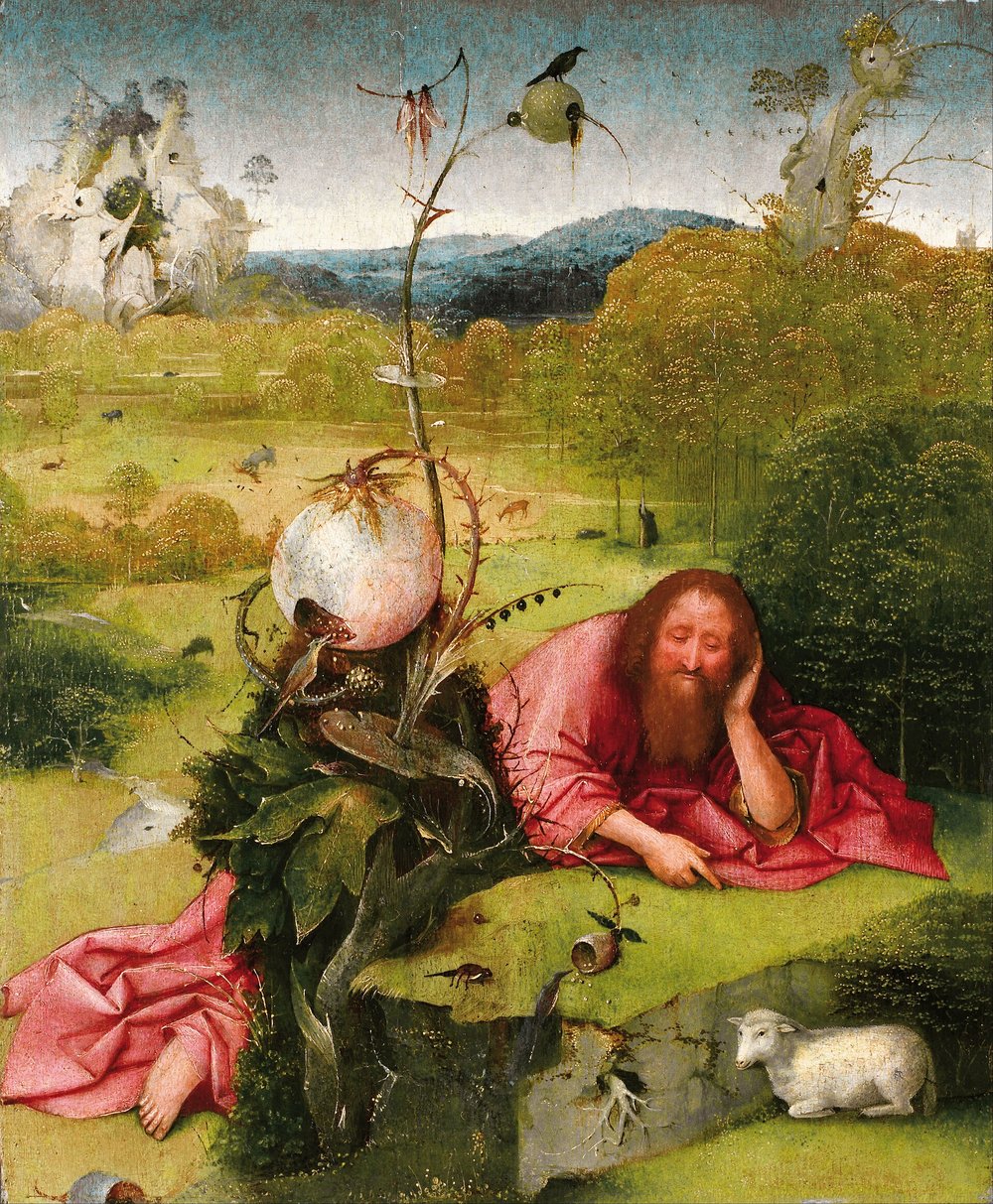 João Batista sentado em uma paisagem solitária e silenciosa, em pintura do século XV