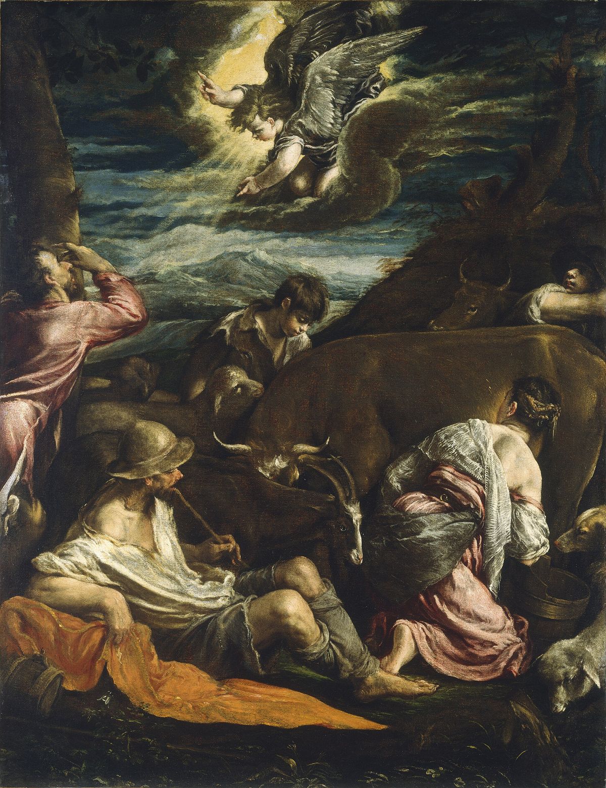Pintura do anjo surgindo entre nuvens e luz sobre pastores, com um cão, bois e ovelhas, em uma noite escura