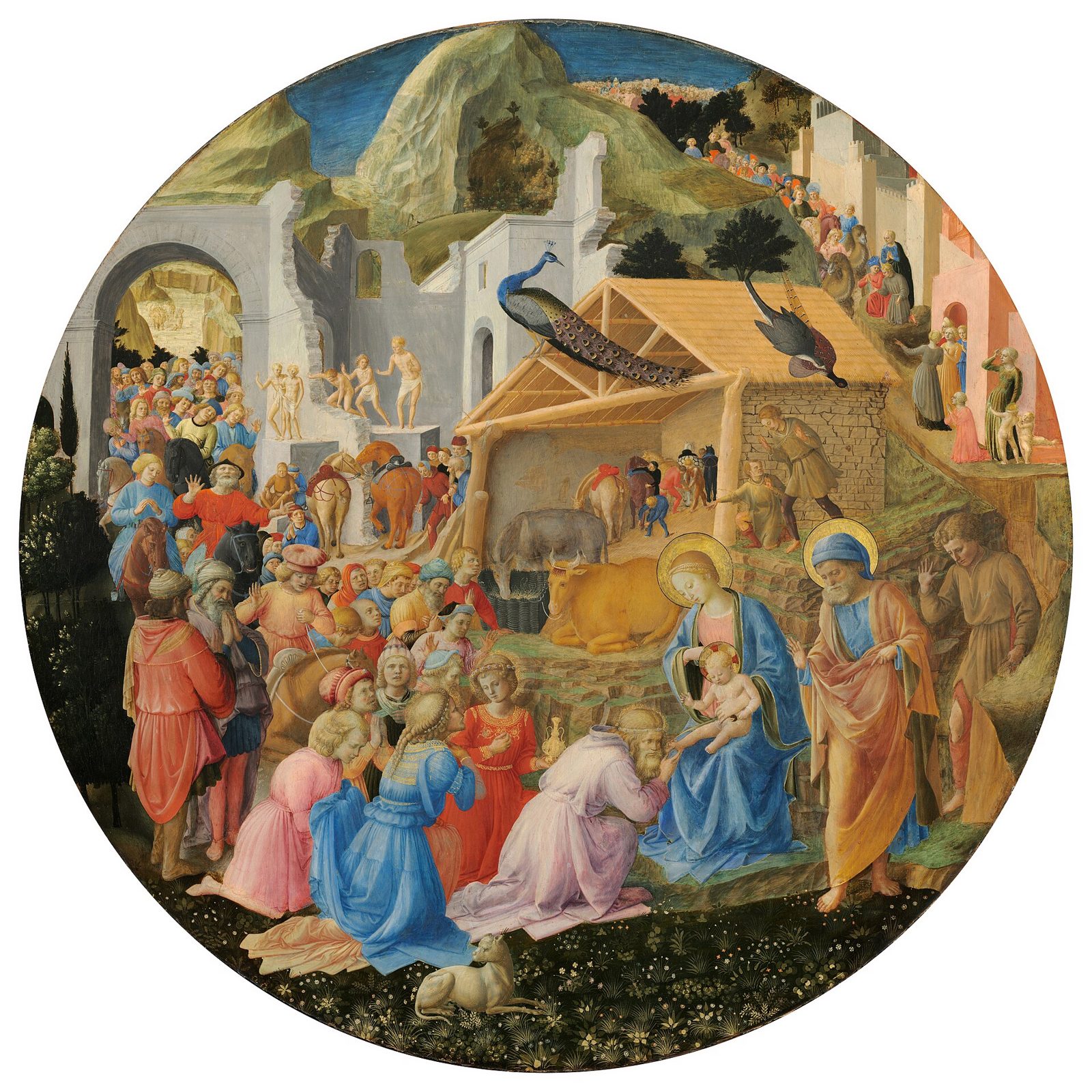 Pintura circular da adoração dos magos: os três magos ajoelhados diante de Maria com o Menino Jesus, José ao lado, o estábulo ao centro e uma multidão de acompanhantes à esquerda