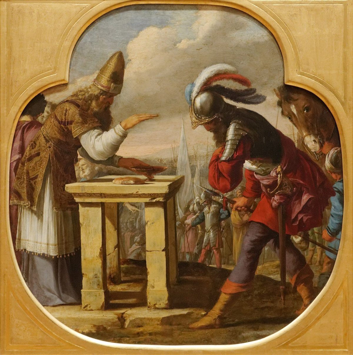 Pintura barroca do encontro de Abraão e Melquisedeque, o sacerdote-rei que oferece pão e vinho