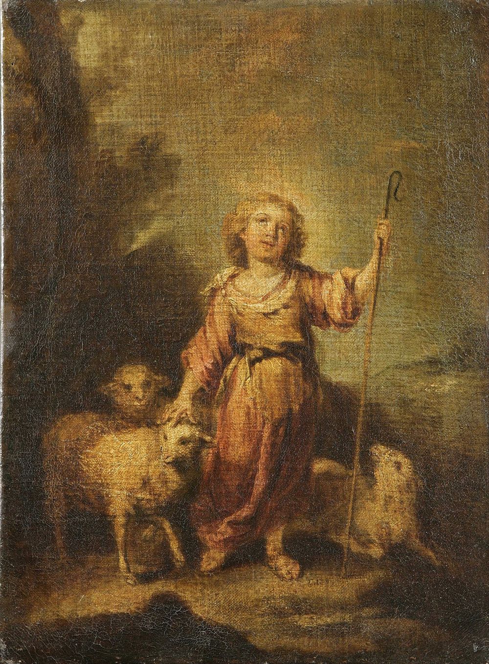 Pintura de Murillo em que o menino Jesus, como o bom pastor, segura um cordeiro ao lado de um rebanho