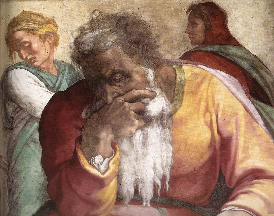 Detalhe do afresco de Michelangelo em que o profeta Jeremias, de barba branca, apoia o rosto na mão em atitude de dor e meditação