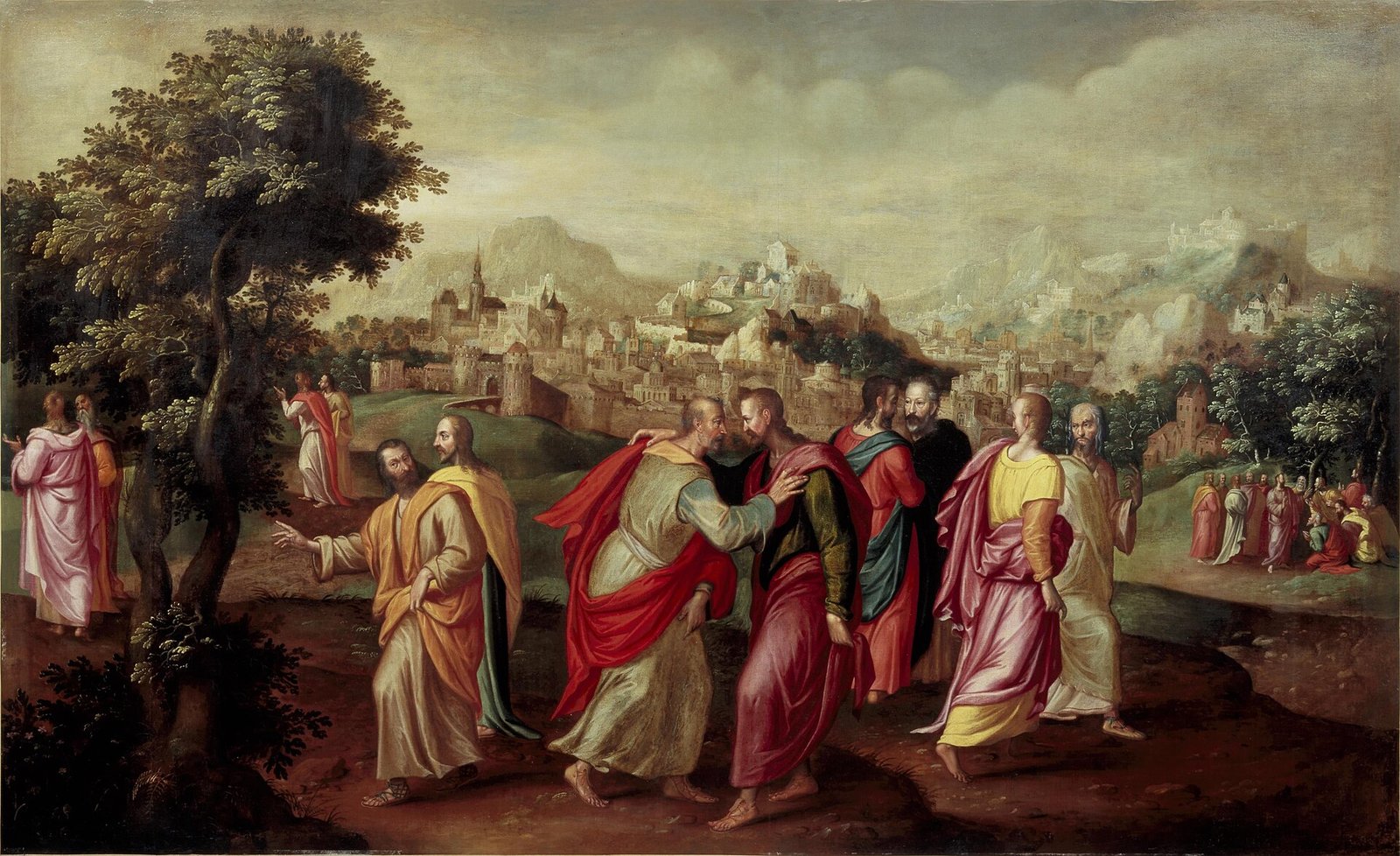 Pintura do século XVI em que Cristo envia os apóstolos de dois em dois, com os discípulos reunidos ao redor dele