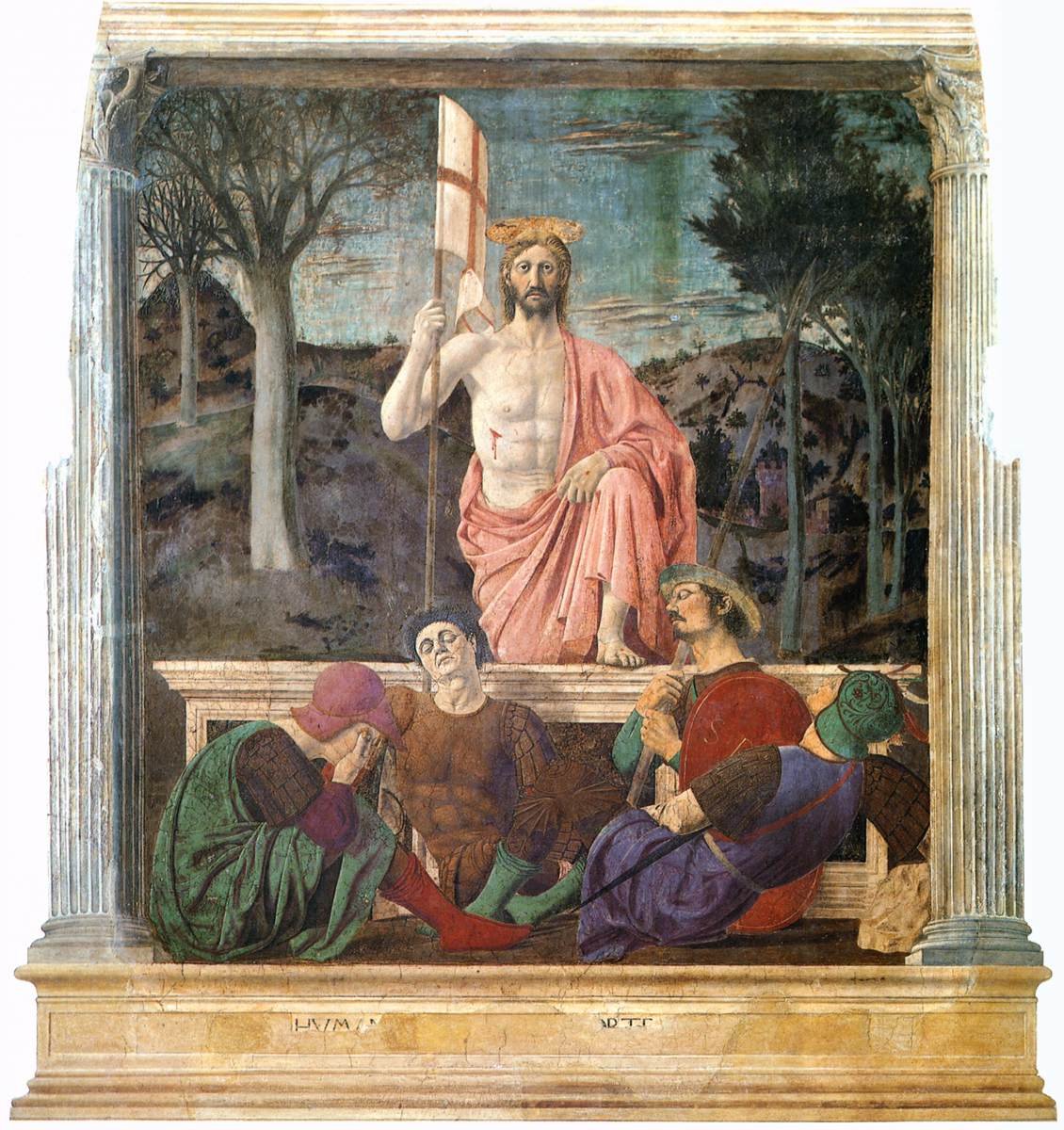 Afresco em que Cristo ressuscitado, com o estandarte da vitória na mão, está de pé sobre o túmulo, diante dos soldados adormecidos