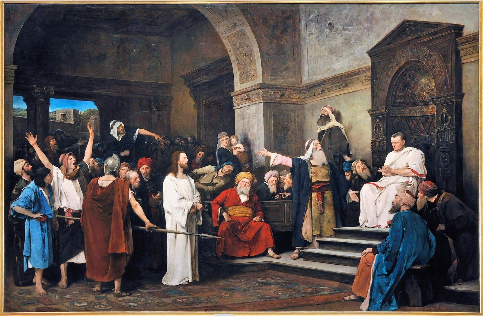 Pintura de Cristo diante de Pilatos, que está sentado, cercado por uma multidão no pretório
