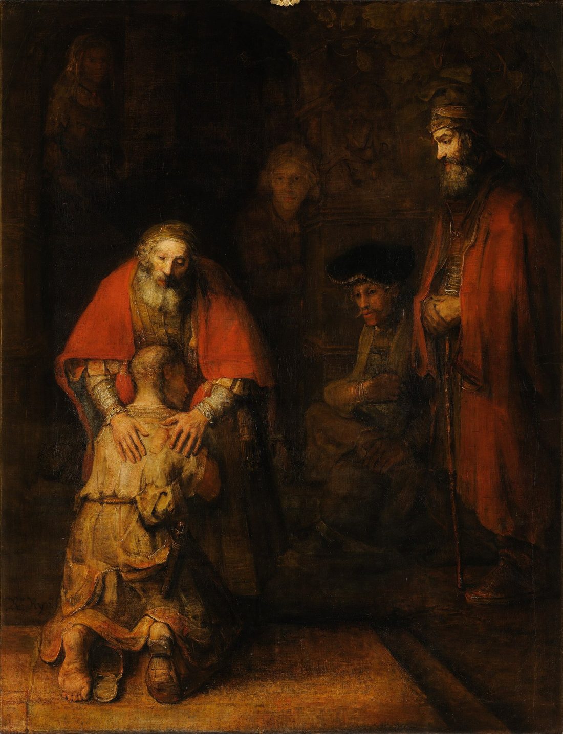 O pai de mãos pousadas sobre os ombros do filho ajoelhado e maltrapilho, na pintura de Rembrandt