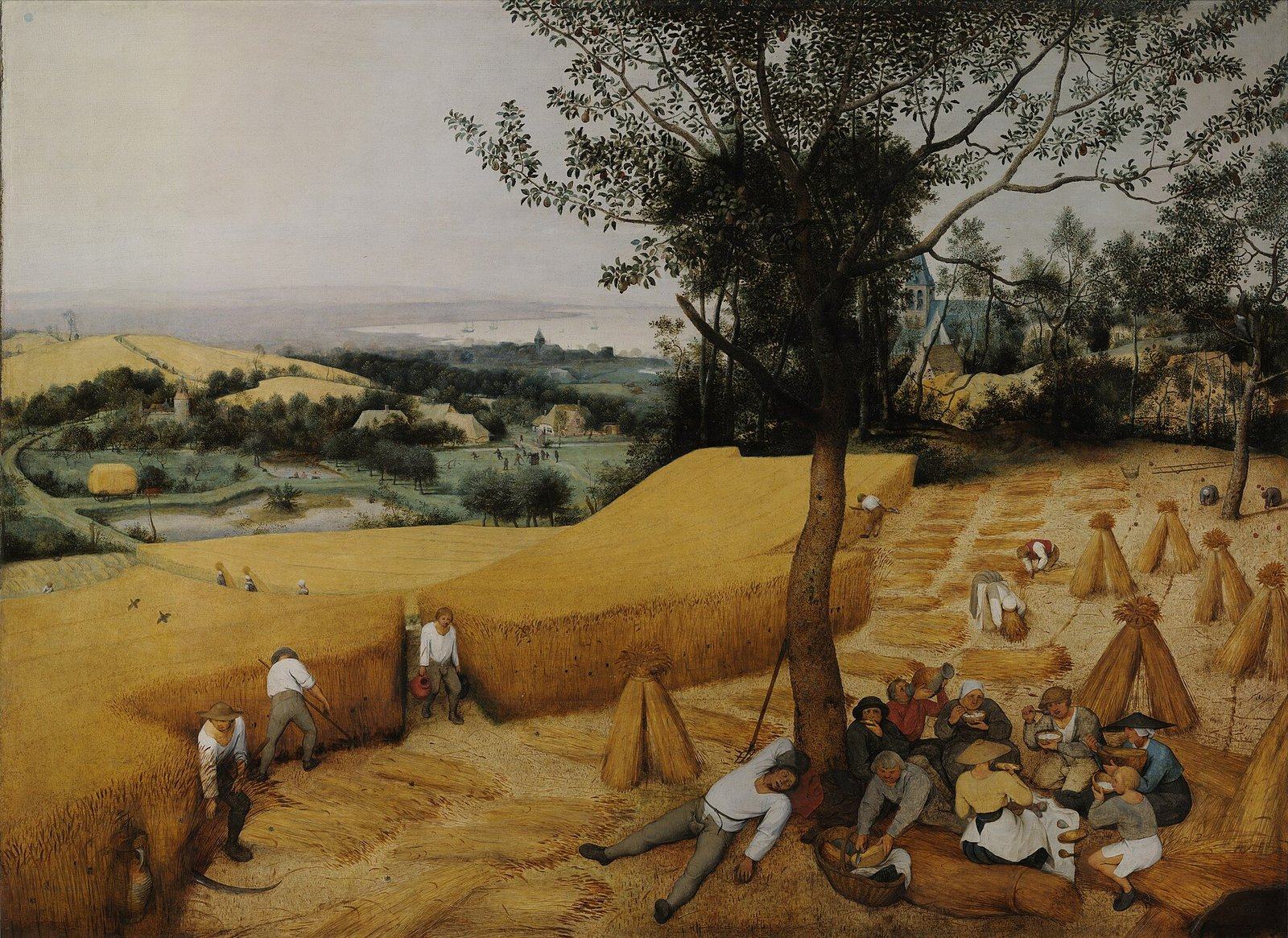 Camponeses colhendo trigo e almoçando à sombra de uma árvore, em pintura de paisagem de verão