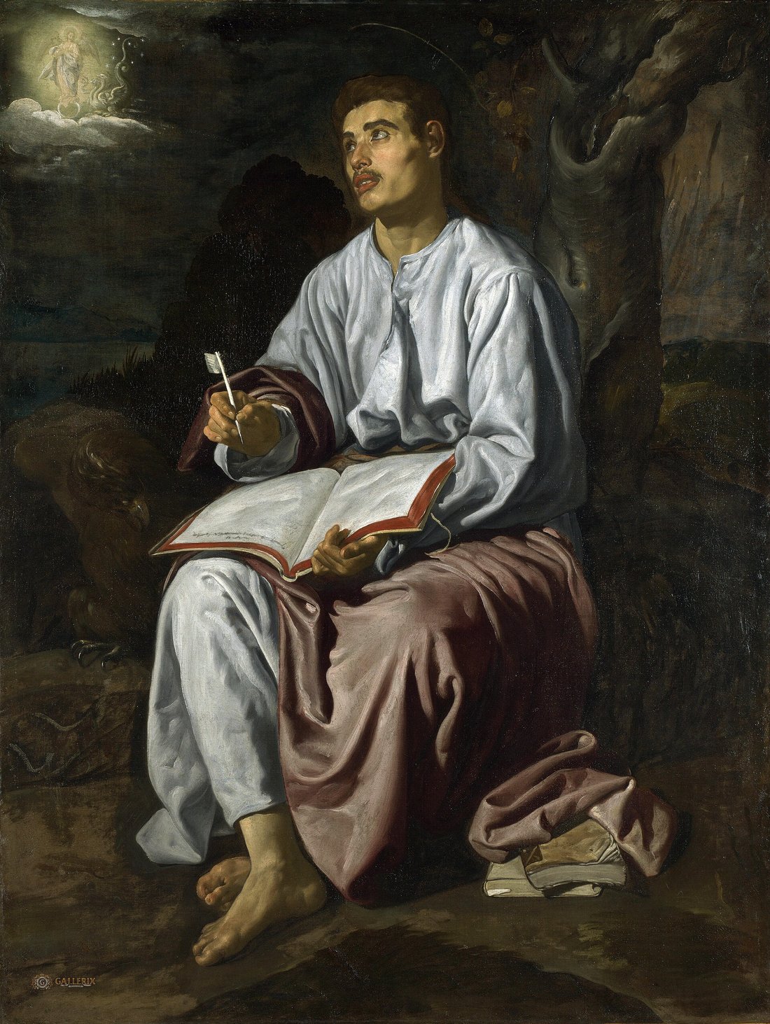 O apóstolo João, na ilha de Patmos, com um livro aberto sobre os joelhos e o olhar voltado para o alto, em pintura de Velázquez