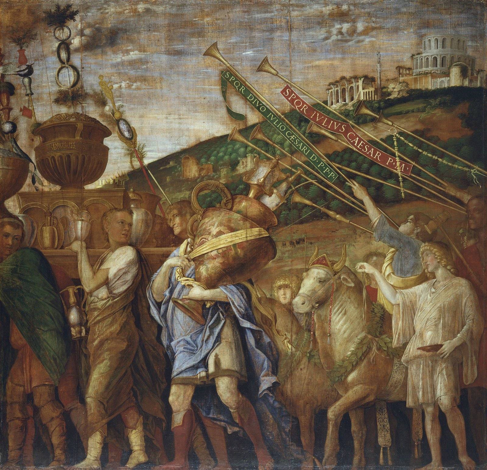 Portadores de vasos e de incensários num cortejo triunfal romano, em pintura de Andrea Mantegna