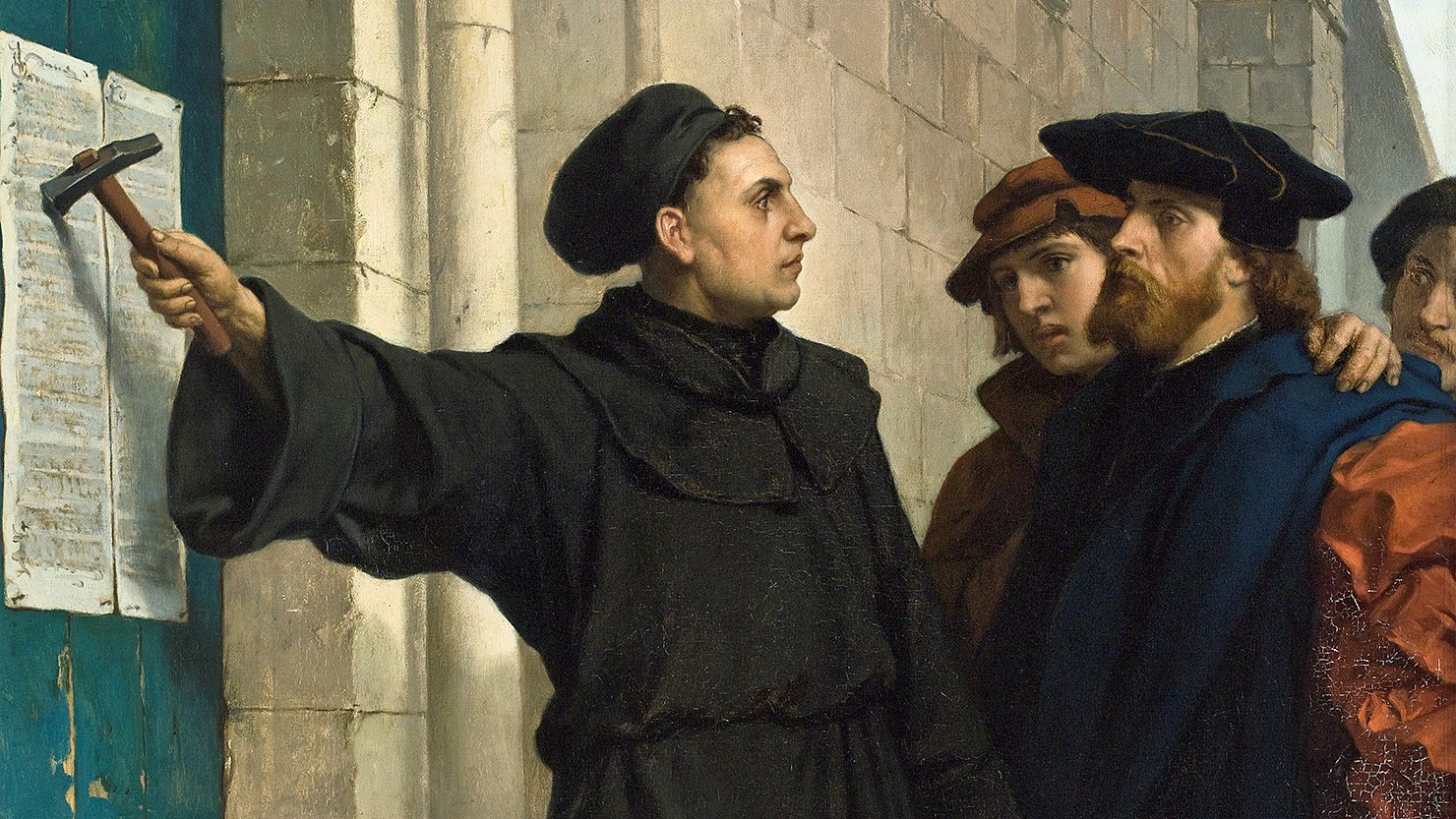 Martinho Lutero afixa as 95 teses na porta da igreja do castelo de Wittenberg, em pintura do século XIX