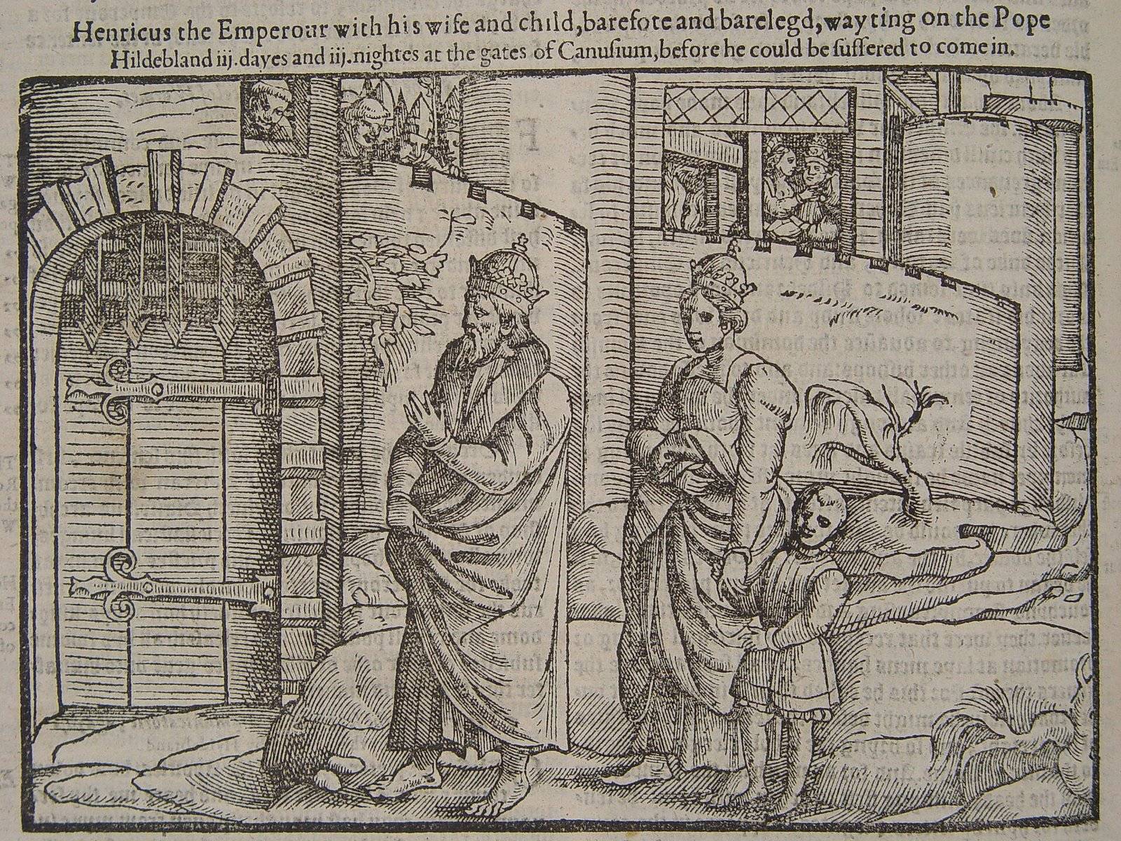 Xilogravura do imperador Henrique IV descalço, com a esposa e o filho, diante dos portões do castelo de Canossa, esperando o papa