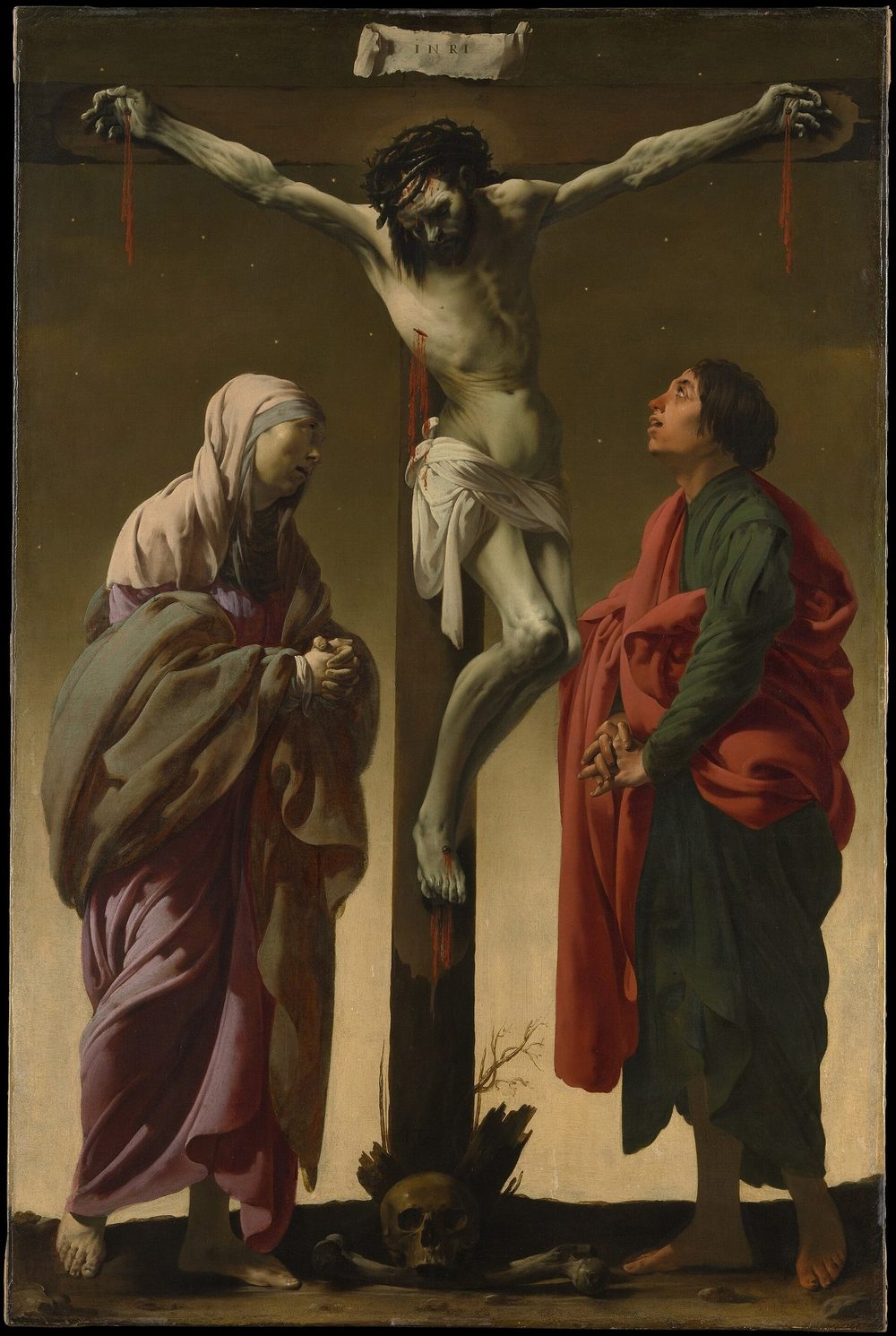 Pintura de Cristo crucificado entre a Virgem Maria e o apóstolo João, ao pé da cruz, sob um céu escuro