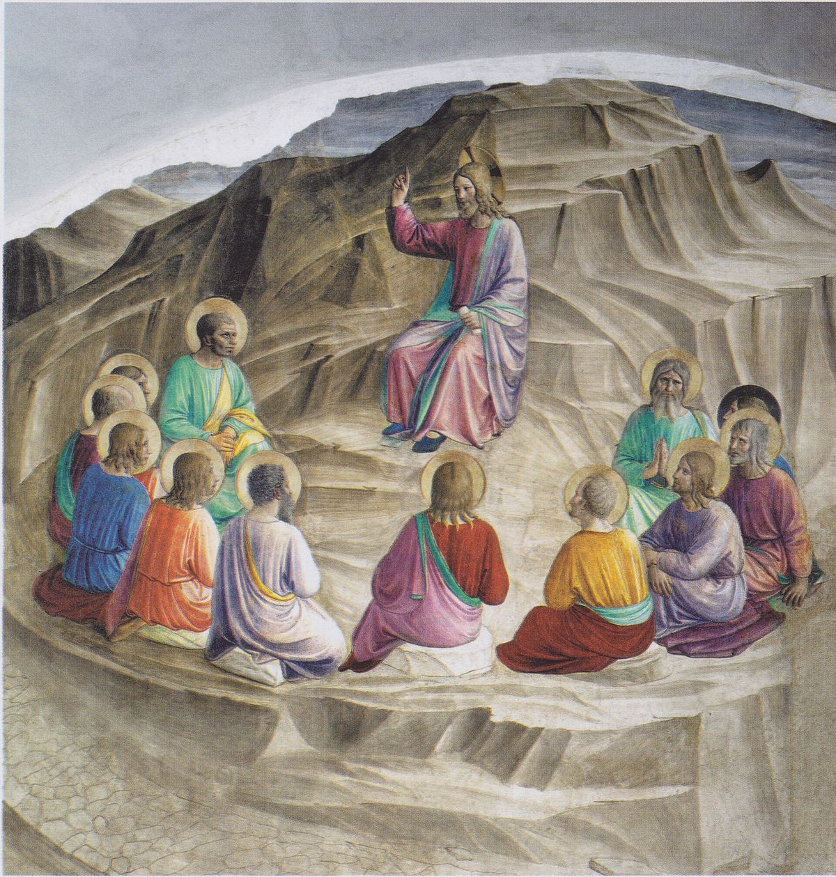 Jesus ensina os doze discípulos sentados em círculo no alto de um monte, em afresco atribuído a Fra Angelico