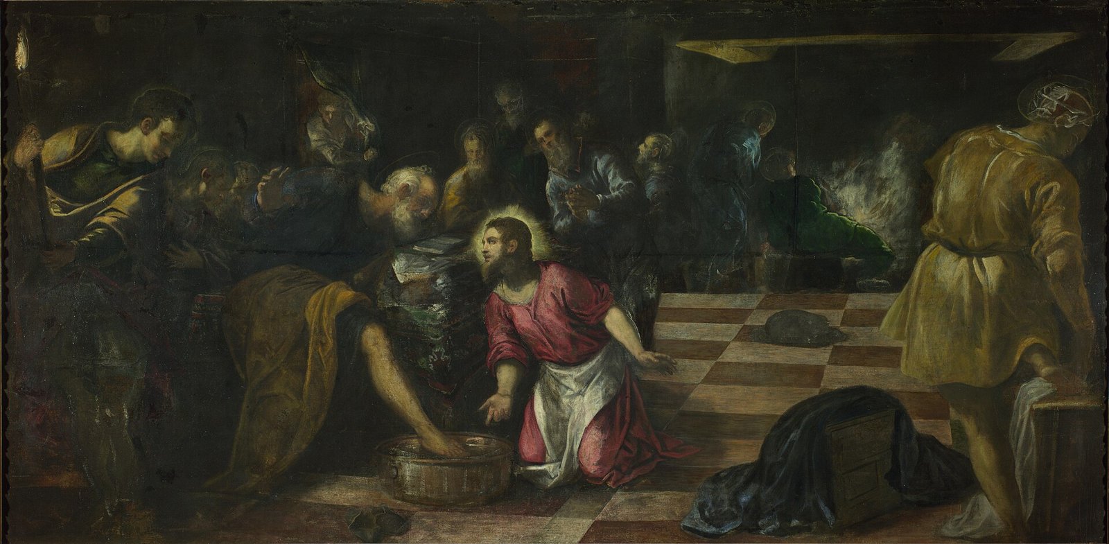 Pintura de Cristo ajoelhado diante de Pedro, lavando os pés dos discípulos reunidos ao redor