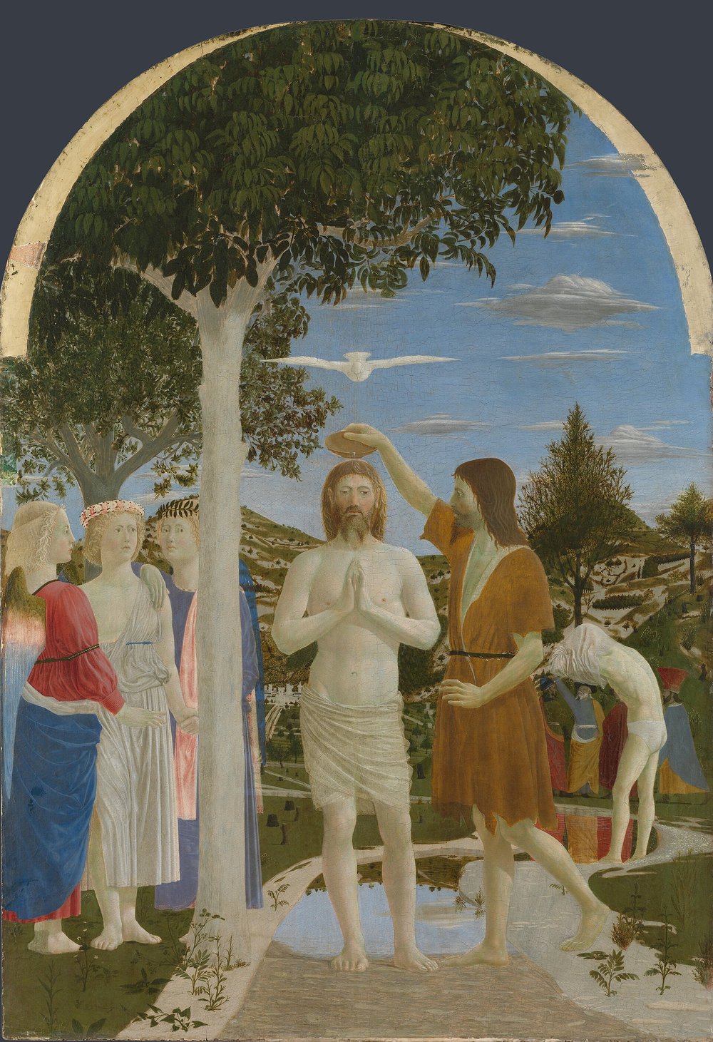 Pintura do século XV em que Cristo, de pé no rio Jordão, é batizado por João Batista, com a pomba do Espírito Santo acima e anjos à margem