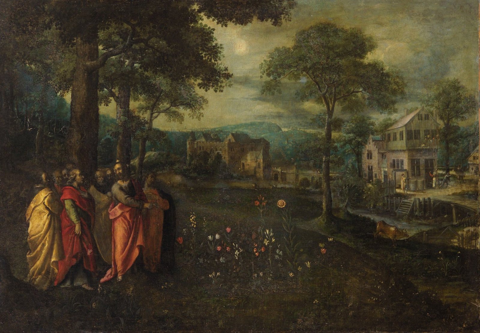Pintura flamenga de uma paisagem de primavera com flores do campo, árvores, casas e gente trabalhando ao longe
