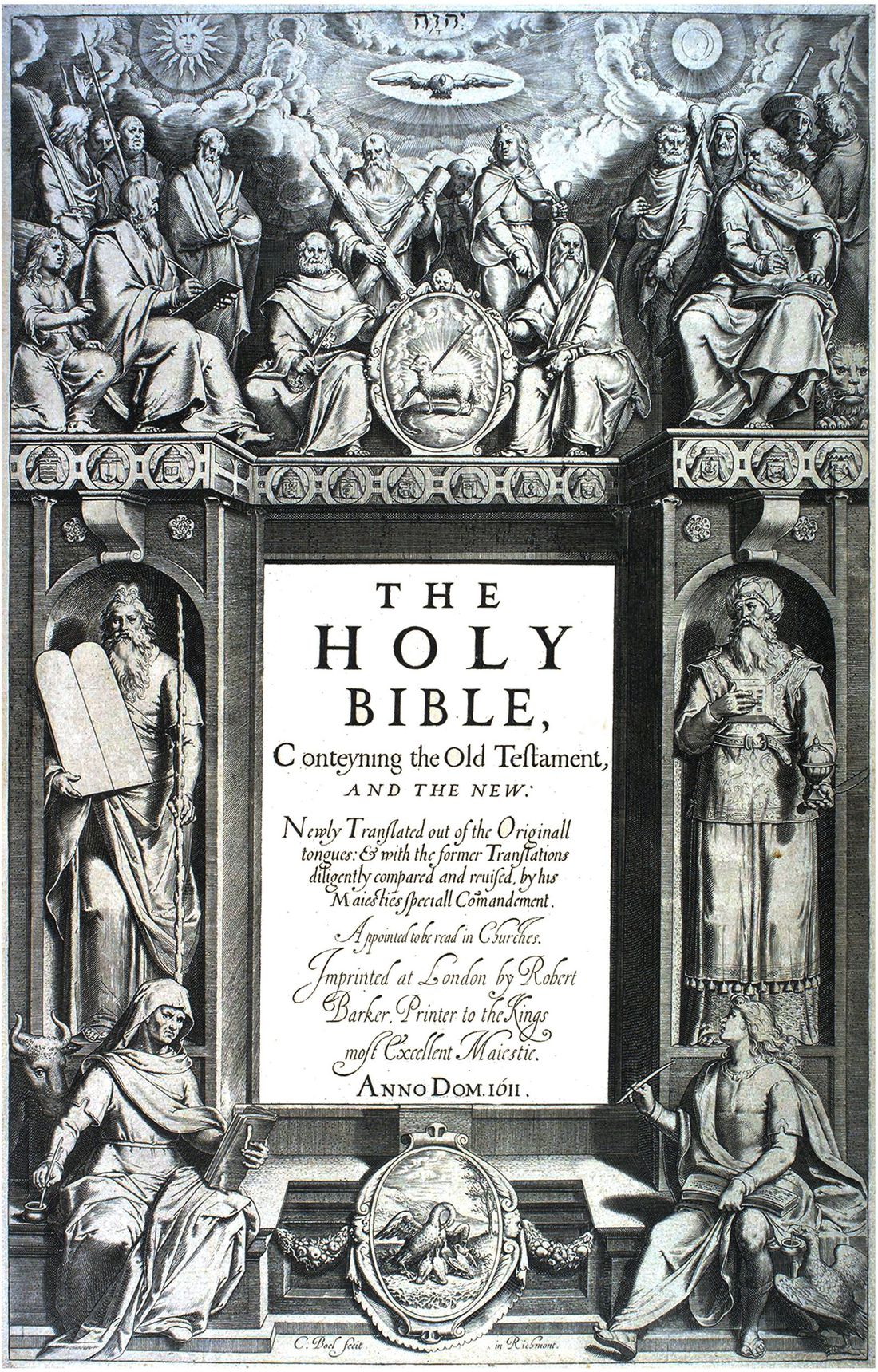 Folha de rosto da primeira edição da Bíblia King James, de 1611, com gravura de moldura arquitetônica, figuras dos apóstolos e o título em letras góticas