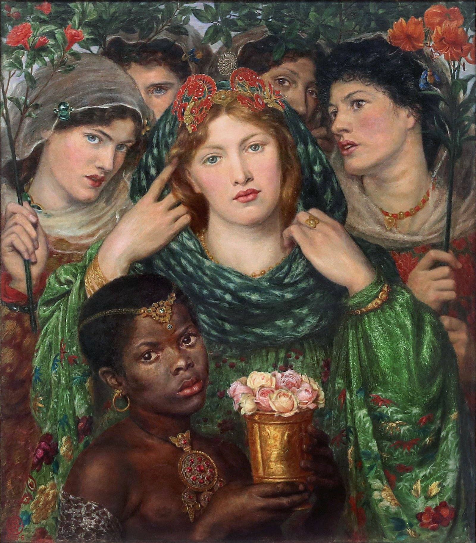 Pintura de uma noiva de véu verde e diadema, cercada por damas de honra com flores, e um jovem servo que carrega um vaso dourado cheio de rosas