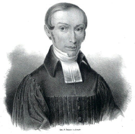 Retrato litografado de Carl Friedrich Keil, jovem, com colarinho clerical branco e veste escura