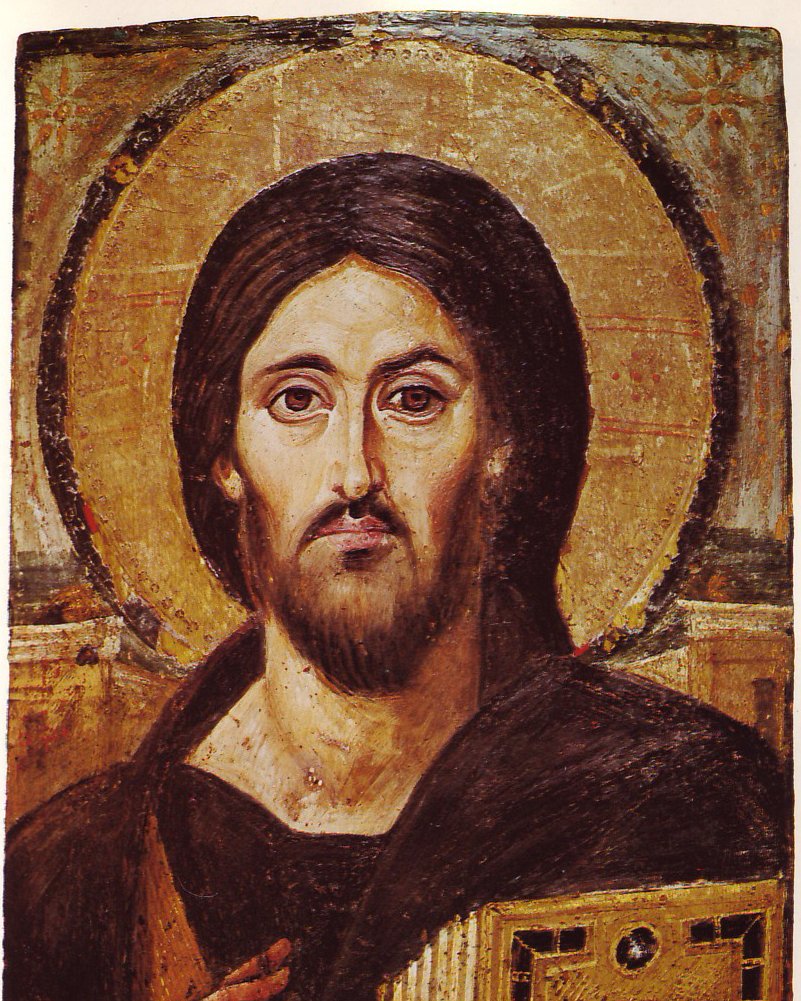 Ícone bizantino de Cristo Pantocrator, com o rosto sério sob um halo dourado e a mão erguida em bênção