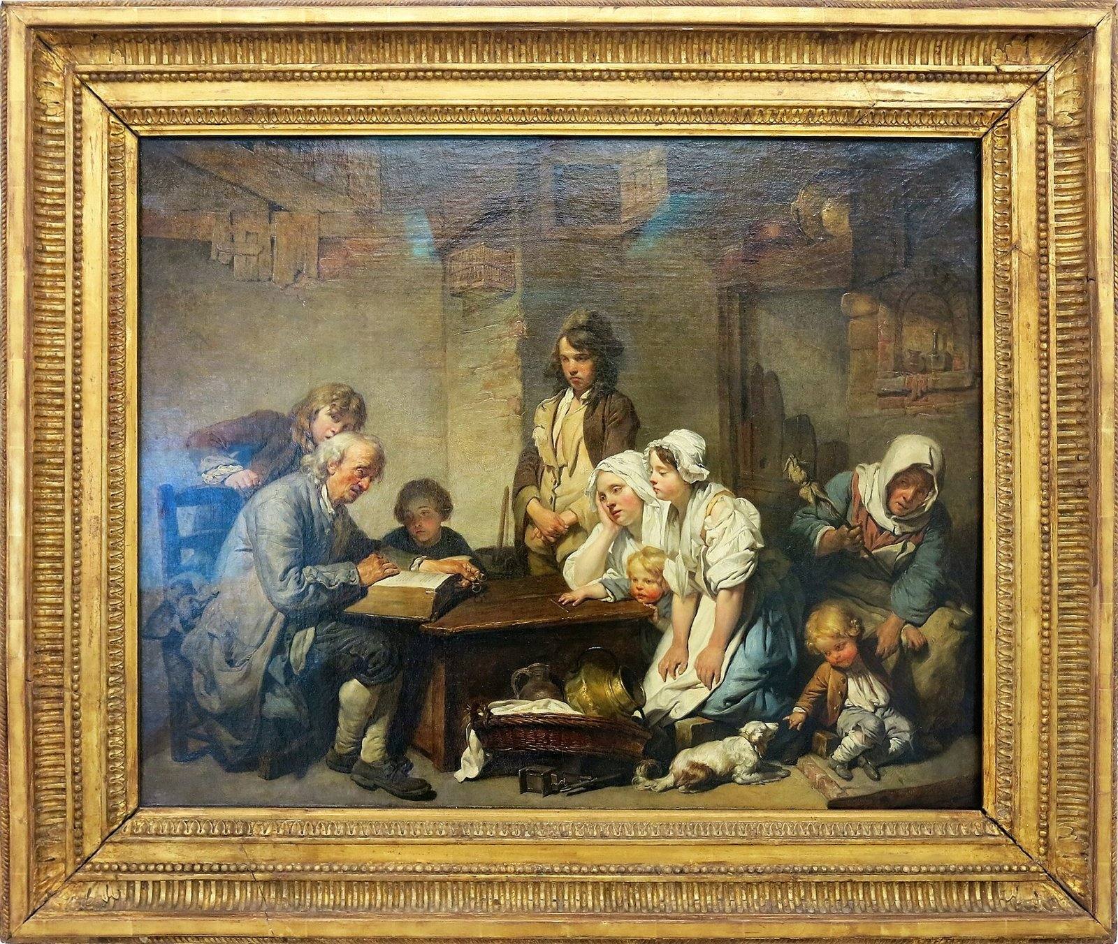 Pintura de um pai de família lendo a Bíblia em voz alta para a esposa, os filhos e os netos reunidos ao redor da mesa
