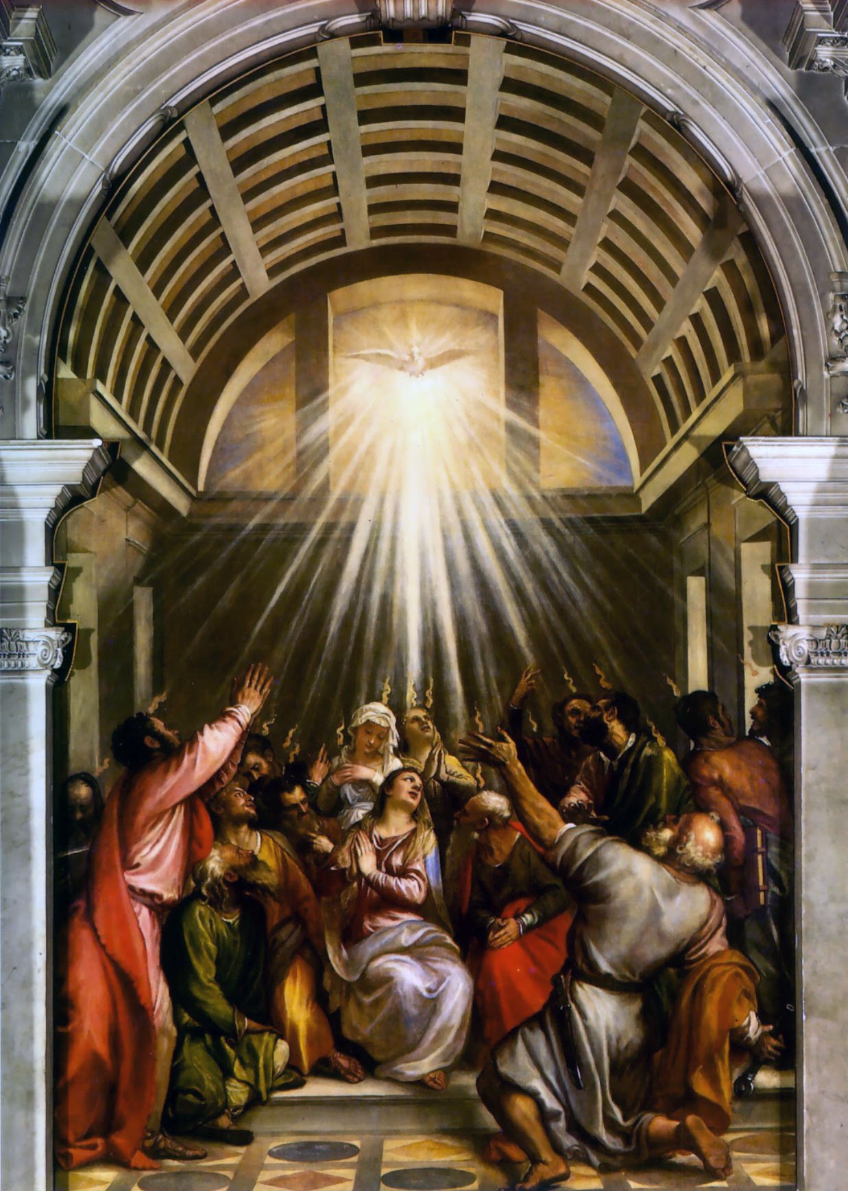 Pintura de Ticiano em que o Espírito Santo, em forma de pomba cercada de luz, desce sobre os apóstolos e Maria reunidos