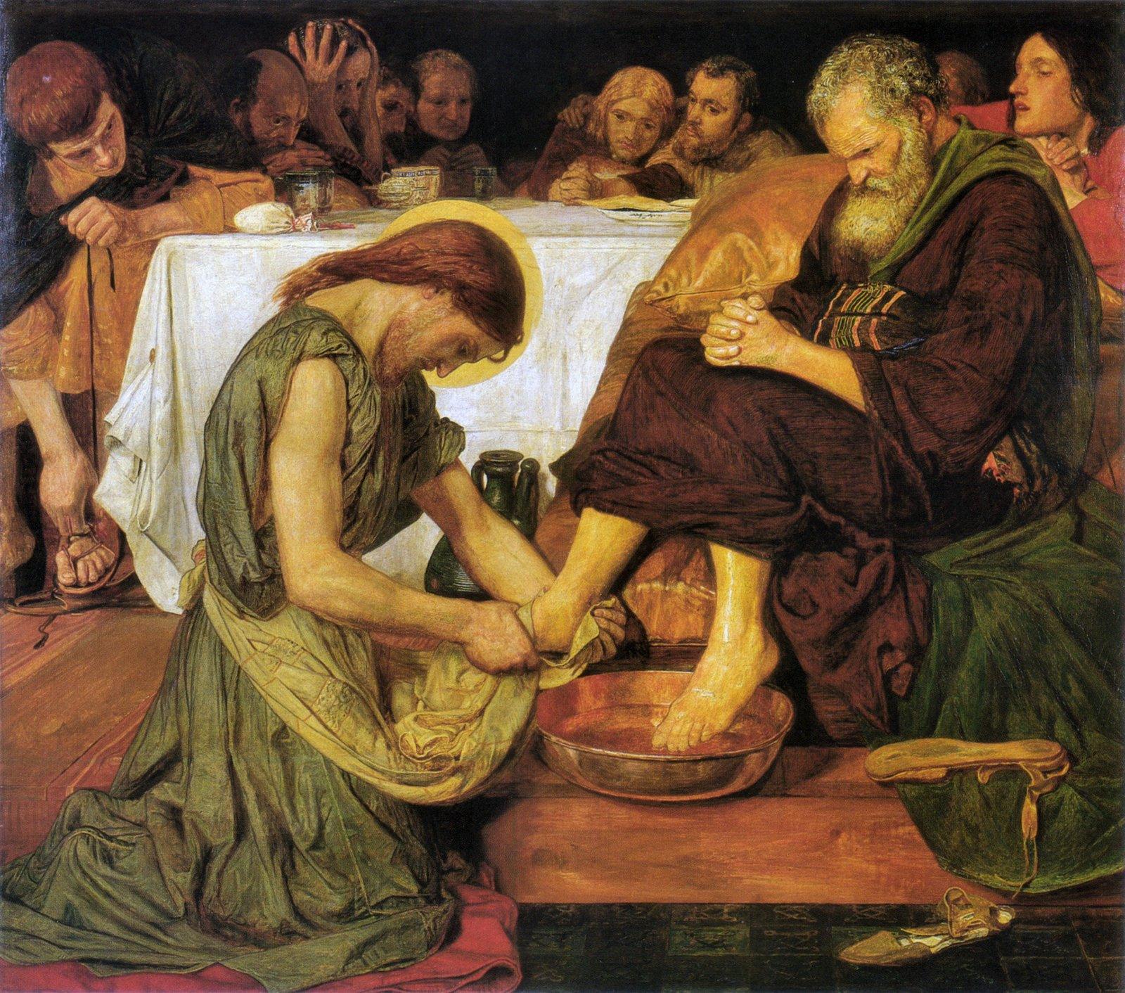 Jesus, de toalha na cintura, ajoelhado diante de Pedro para lavar-lhe os pés, em pintura do século 19
