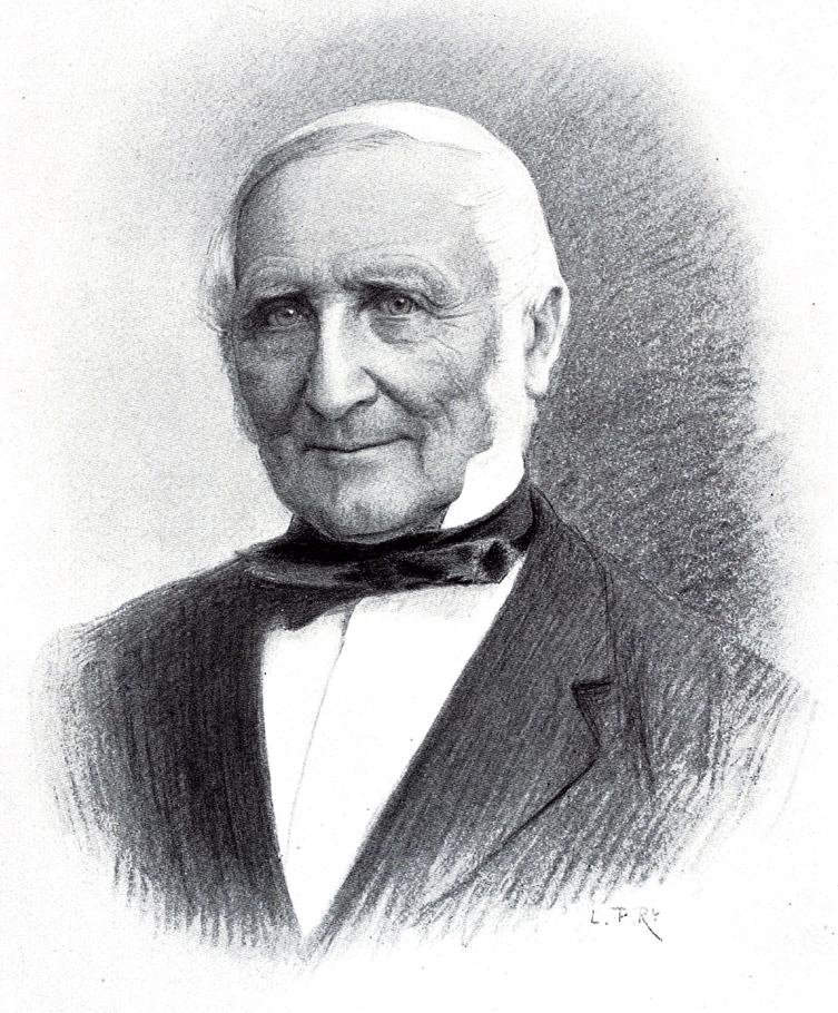 Retrato a lápis de Frédéric Godet idoso, de cabelos brancos, gravata escura e casaco preto
