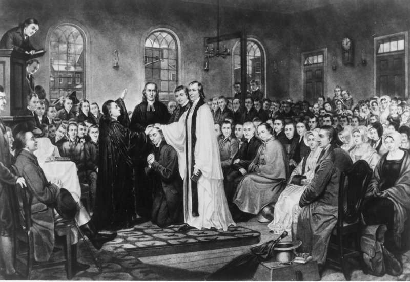 Gravura da ordenação de Francis Asbury na Conferência de Natal de 1784, com Harry Hosier entre os presentes junto ao púlpito
