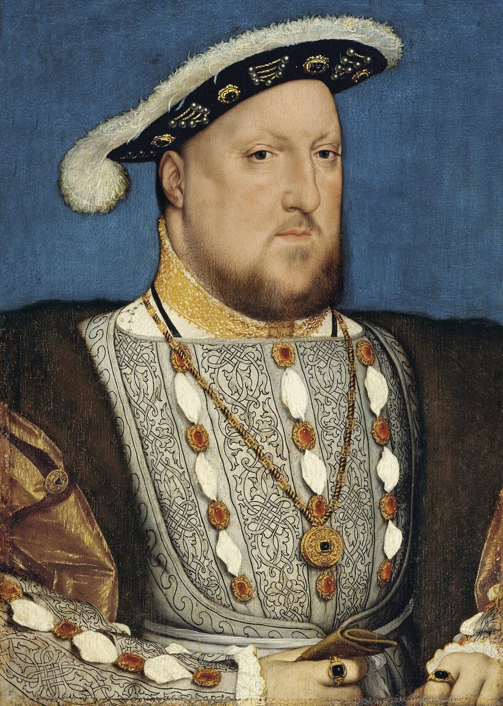 Retrato de Henrique VIII da Inglaterra, de corpo inteiro até a cintura, com roupas de brocado e joias, pintado a partir de Holbein
