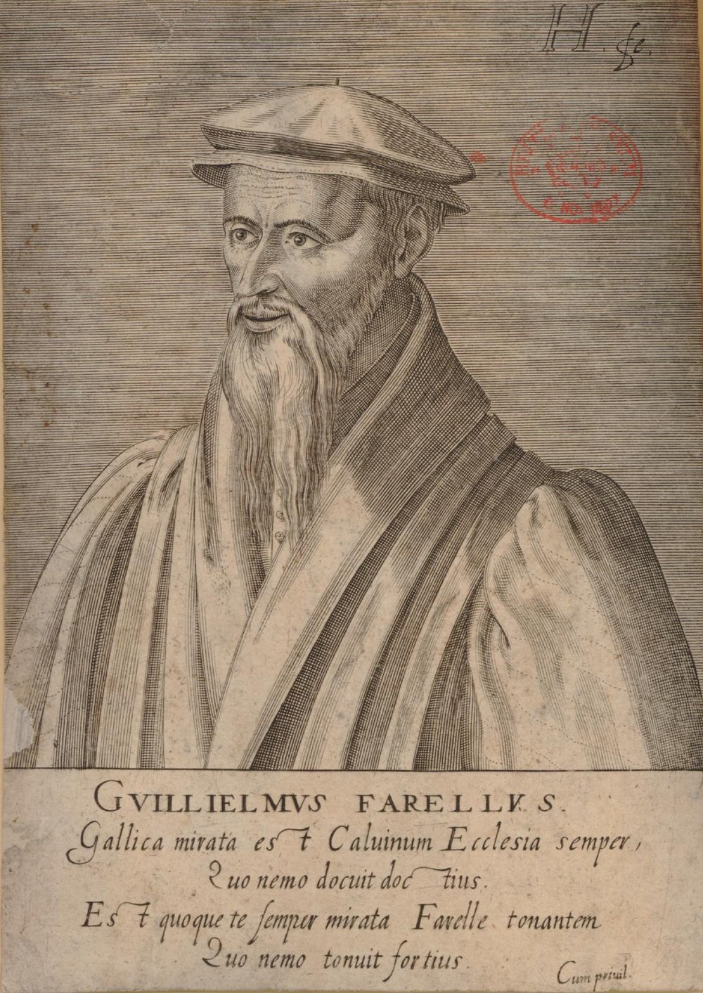 Gravura de Guilherme Farel, de meio corpo, com barrete e toga