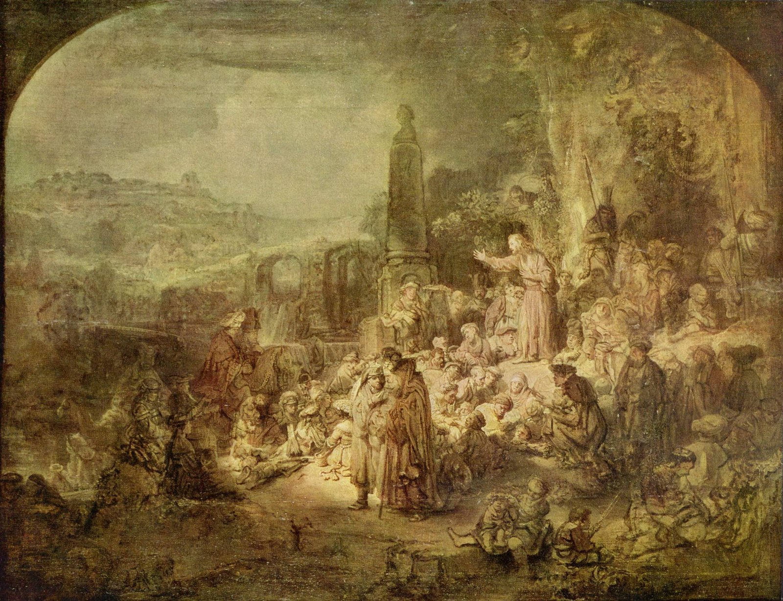 Pintura de Rembrandt em que João Batista prega a uma multidão reunida ao ar livre, apontando com a mão