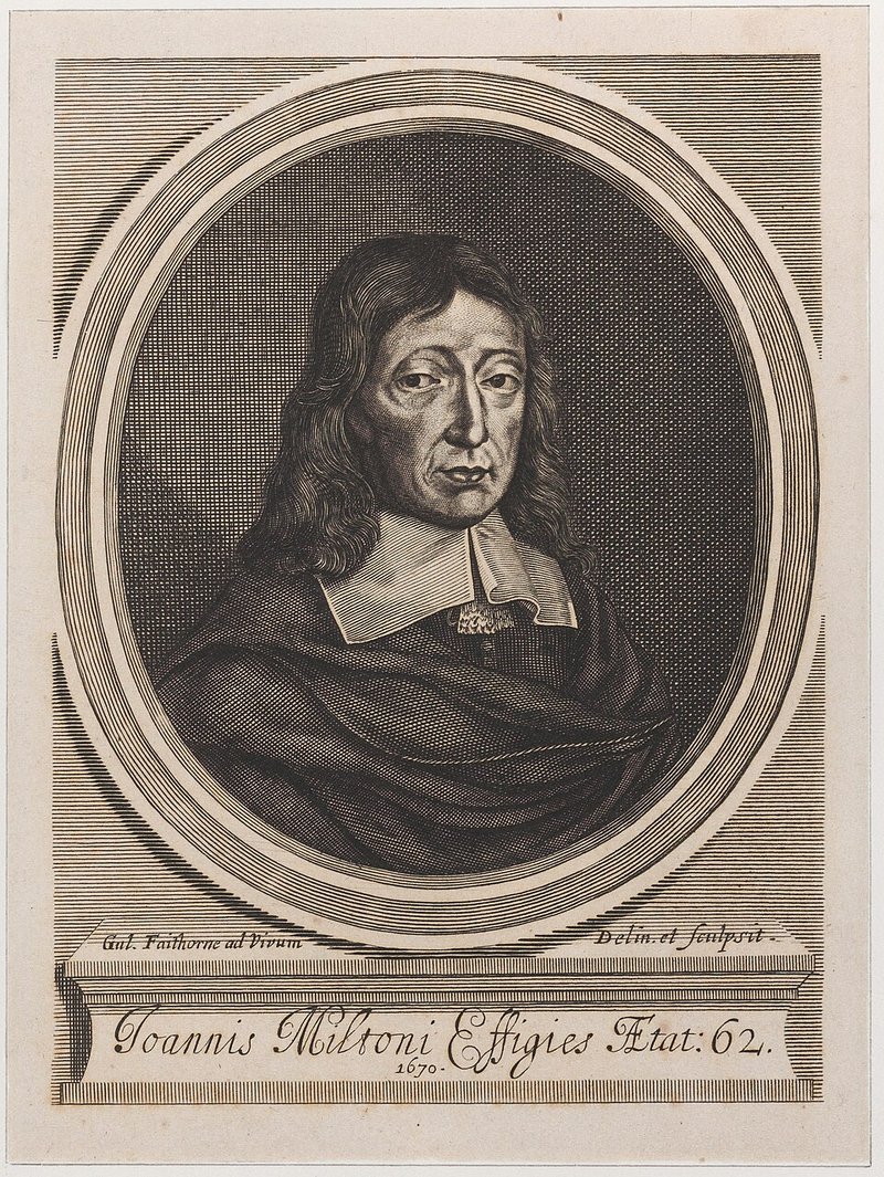 Retrato de John Milton aos 62 anos, gravura de William Faithorne