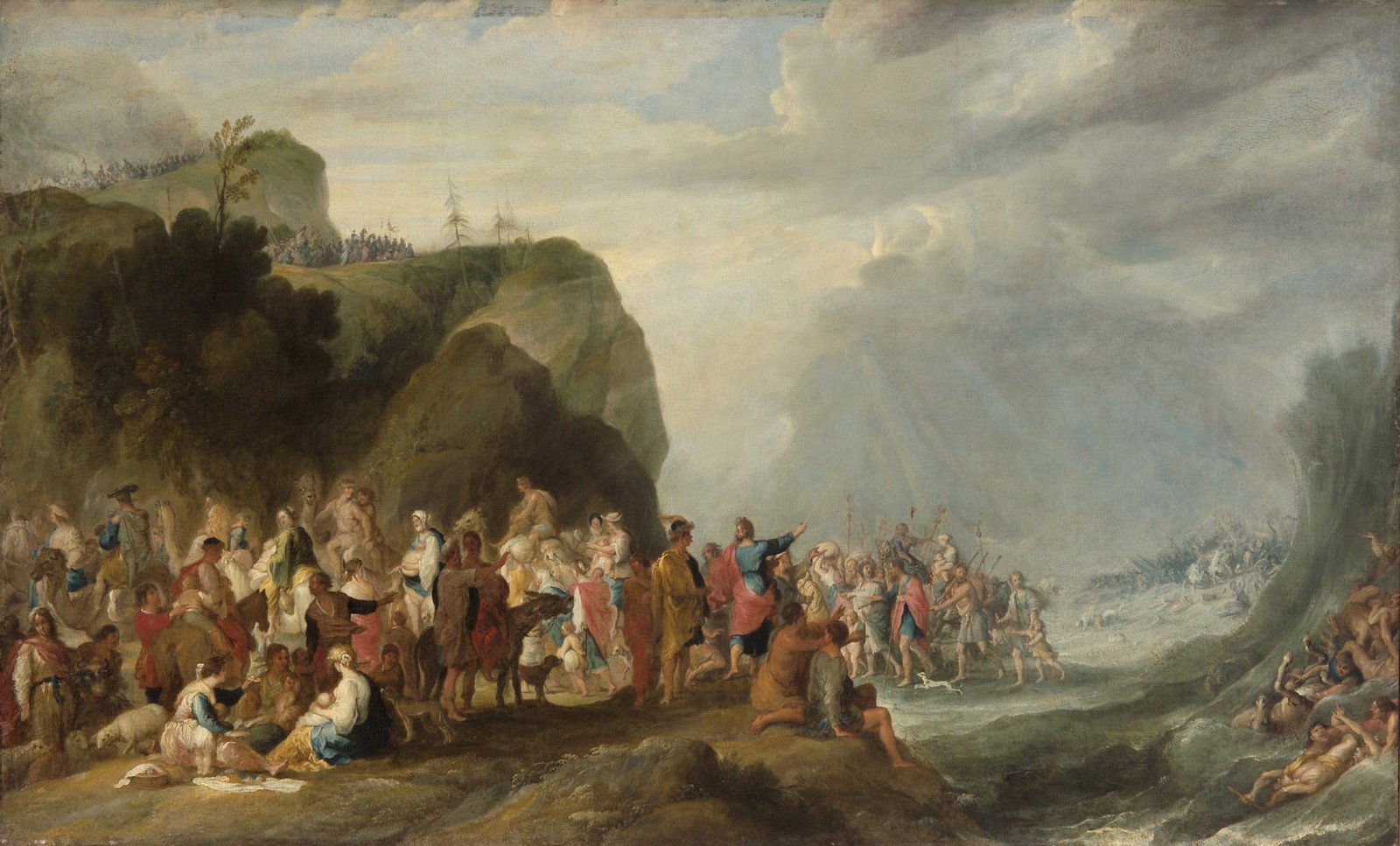 Pintura barroca do povo de Israel atravessando o mar aberto, com o exército egípcio sendo engolido pelas águas
